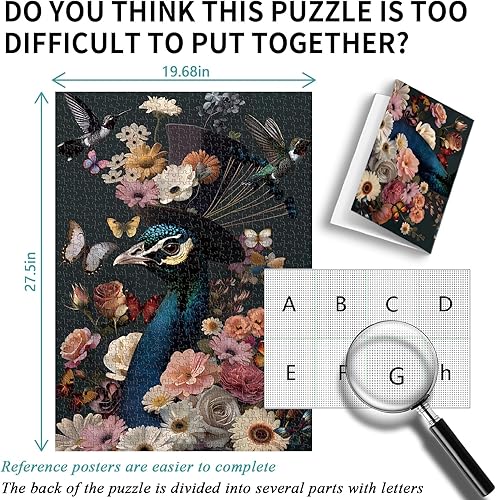 Miniatura 4 de Rompecabezas de pavo real para adultos de 1000 piezas, rompecabezas de PICKFORU coloridas flores y pájaros, colibrí, mariposa, difícil desafiante,