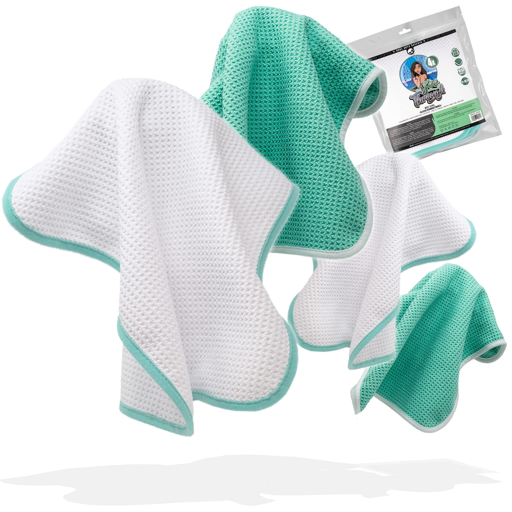 Nuke Guys Auto Glastücher Streifenfrei - See Through Glasreinigungstücher - 4er Pack Mikrofaser Waffeltücher Fenstertücher 35x35cm, 450GSM, Mint/weiß