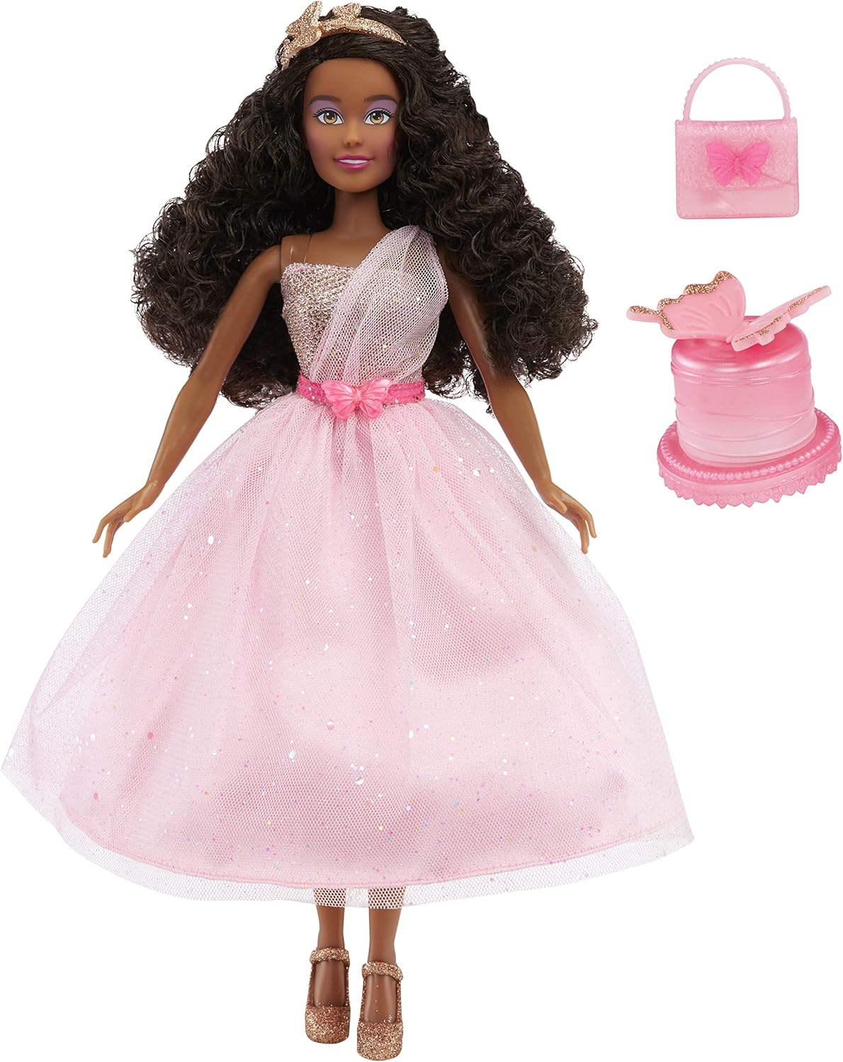 MGA Entertainment Dream Ella Let's Celebrate Doll - Yasmin, Pink & Gold Glitter Butterfly Confetti Unboxing 11.5" Black Hair Party Fashion Doll + 5 Accessories for Birthday, Graduation, Special Day