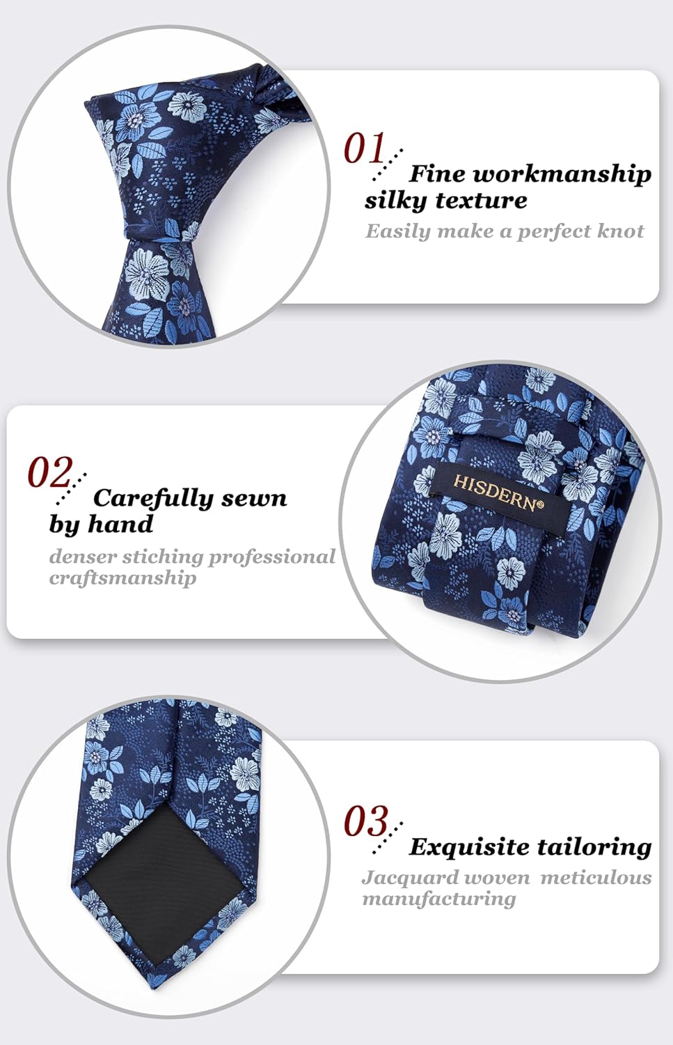 HISDERN Extra Long Ties for Men Classic Floral Tie and Pocket Square Elegant Silk Necktie Handkerchief Set Wedding Party - Image 4