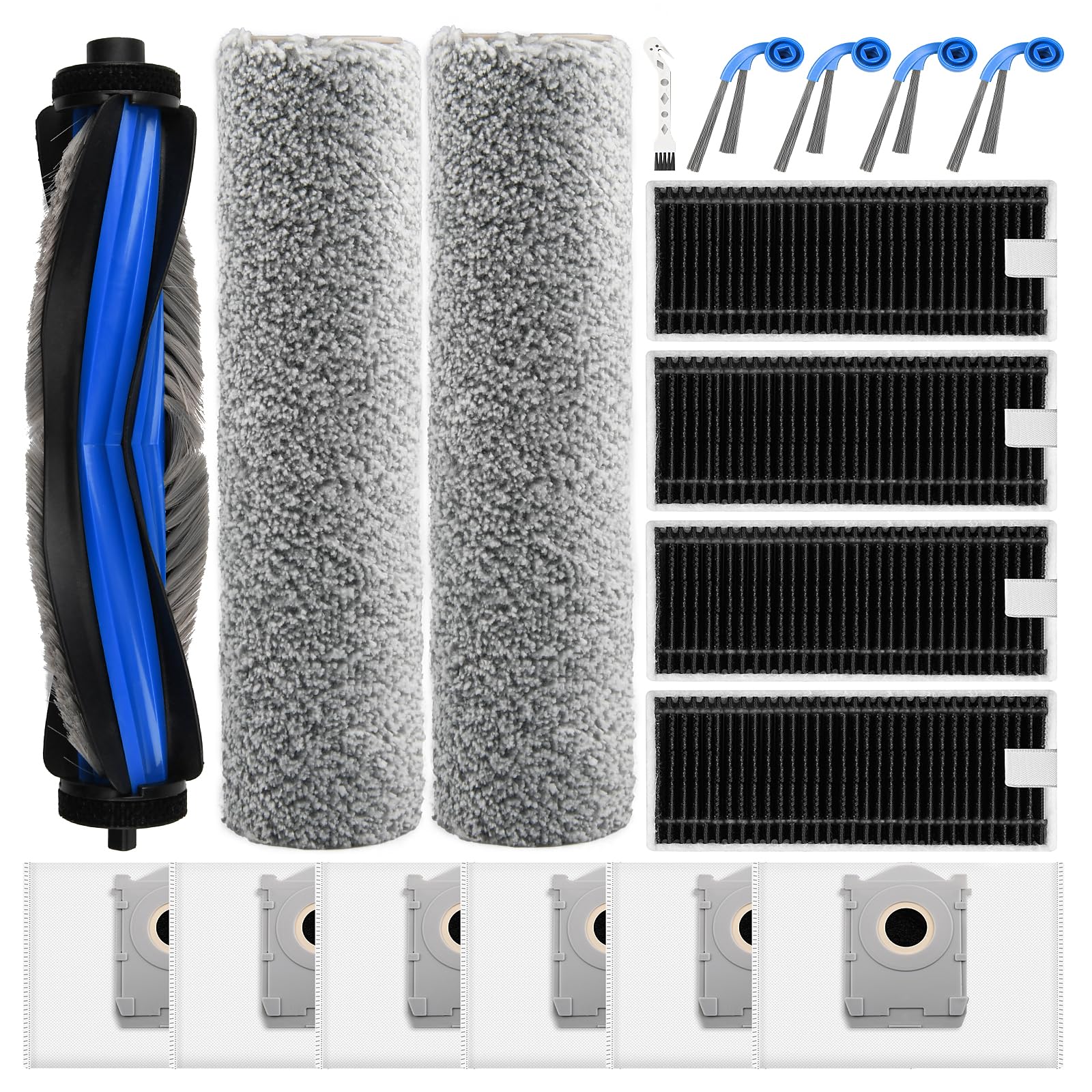 18 Stück Zubehörset für ECOVACS DEEBOT T80 Omni Saugroboter, 1 Gummi-Hauptbürste, 4 Filters, 2 Wischwalze, 4 Seitenbürsten, 6 Staubbeutel, 1 Reinigungsbürste