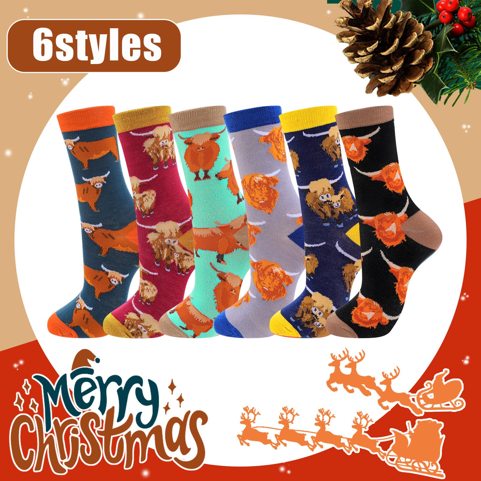 HooLing 12 pares de calcetines de vaca de las tierras altas, regalos de Navidad, coloridos y divertidos, calcetines de algodón para vacaciones, calcetines de vaca de las tierras altas para mujeres y