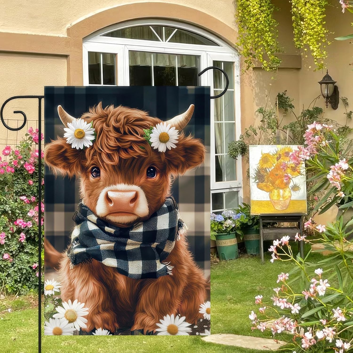 Highland Cow Garden Flag 12x18 Inch Double Sided Plaid Daisy Yard Flags Floral Cow Farmhouse Flag Adorable Farm Animal Outdoor Decoration for Seasonal Summer Spring Yard Decor - Image 3