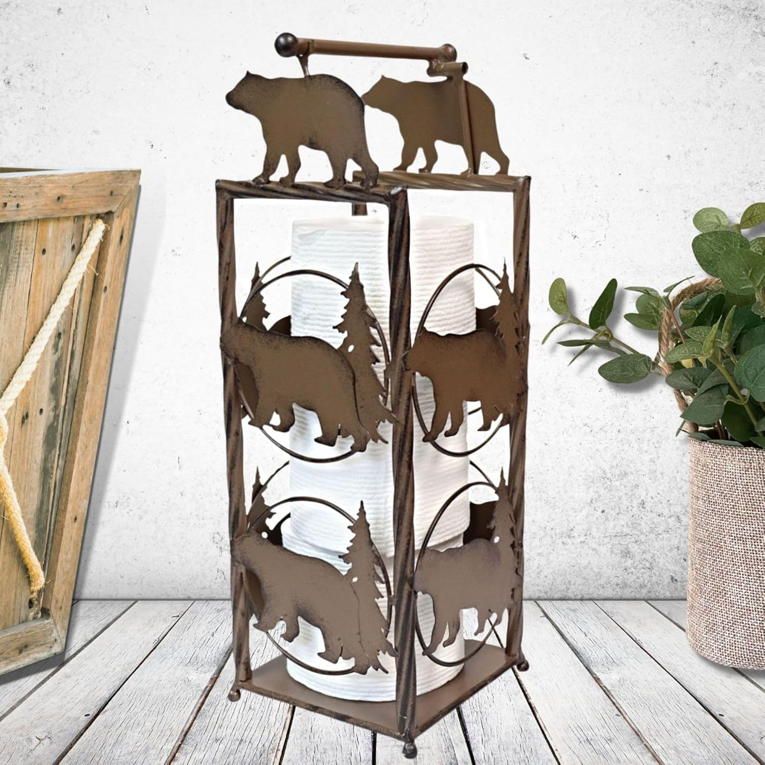 Rustic Metal Bear Toilet Paper Holder Dispenser and Storage Stand – Floor Freestanding Tissue Holder for Bathroom – Cabin Woodland or Lodge Decor – Housewarming Holiday or Birthday Gift Idea