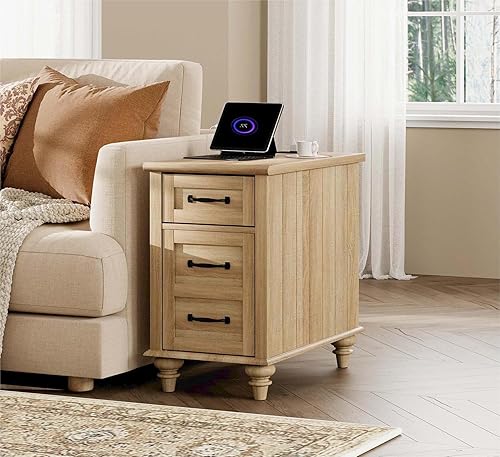 Miniatura 4 de WAMPAT Mesita de noche de roble con estación de carga, mesa auxiliar de granja con patas de madera maciza, mesita de noche de madera con cajón y