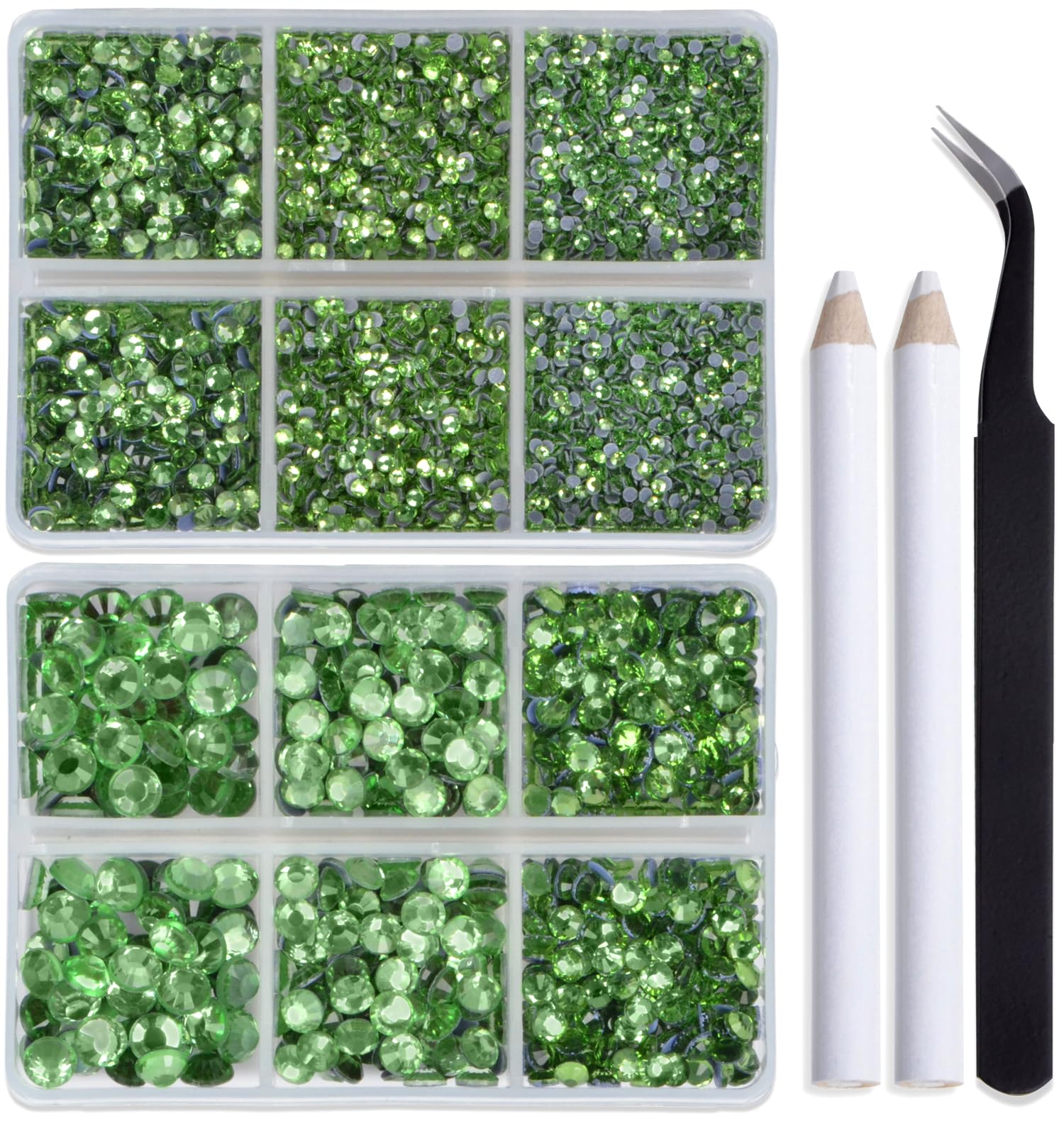 Bymitel Hotfix Crystal Rhinestones Round Gems for Crafts,Mixed 6 Sizes with Wax Pencil Kit, Peridot 1.6-6.3mm SS4-SS30/8000pcs