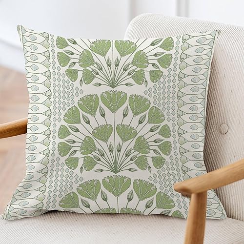 Miniatura 3 de ArogGeld Funda de almohada geométrica verde y blanca con diseño de flores de lirio, ginkgo biloba, funda de cojín chinoiserie asiática de doble cara