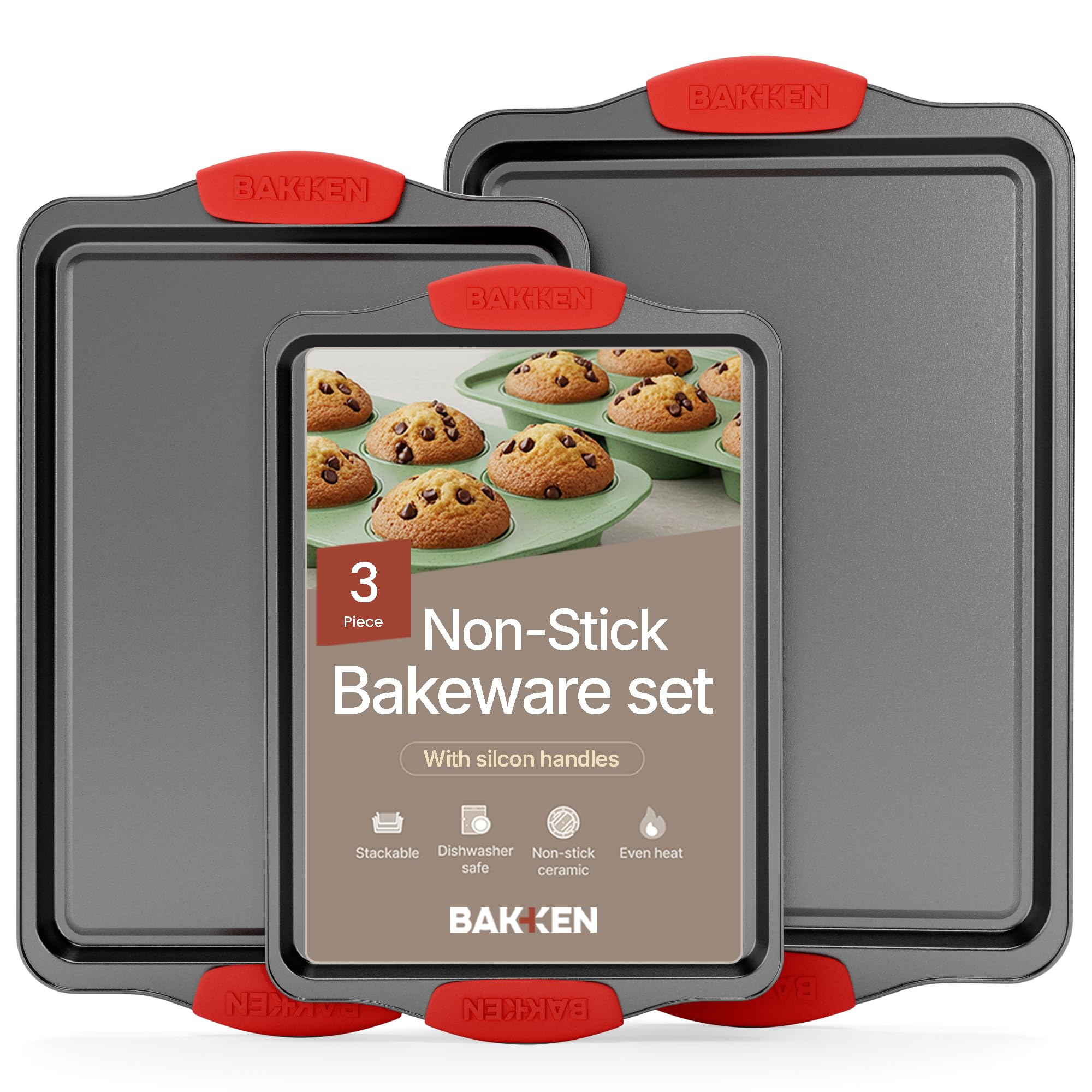 baking pan set  3 piece cookie sheet  deluxe black non-stick carbon steel  silicone handles  commercial grade restaurant quality  pfoa pfos and ptfe free by bakken