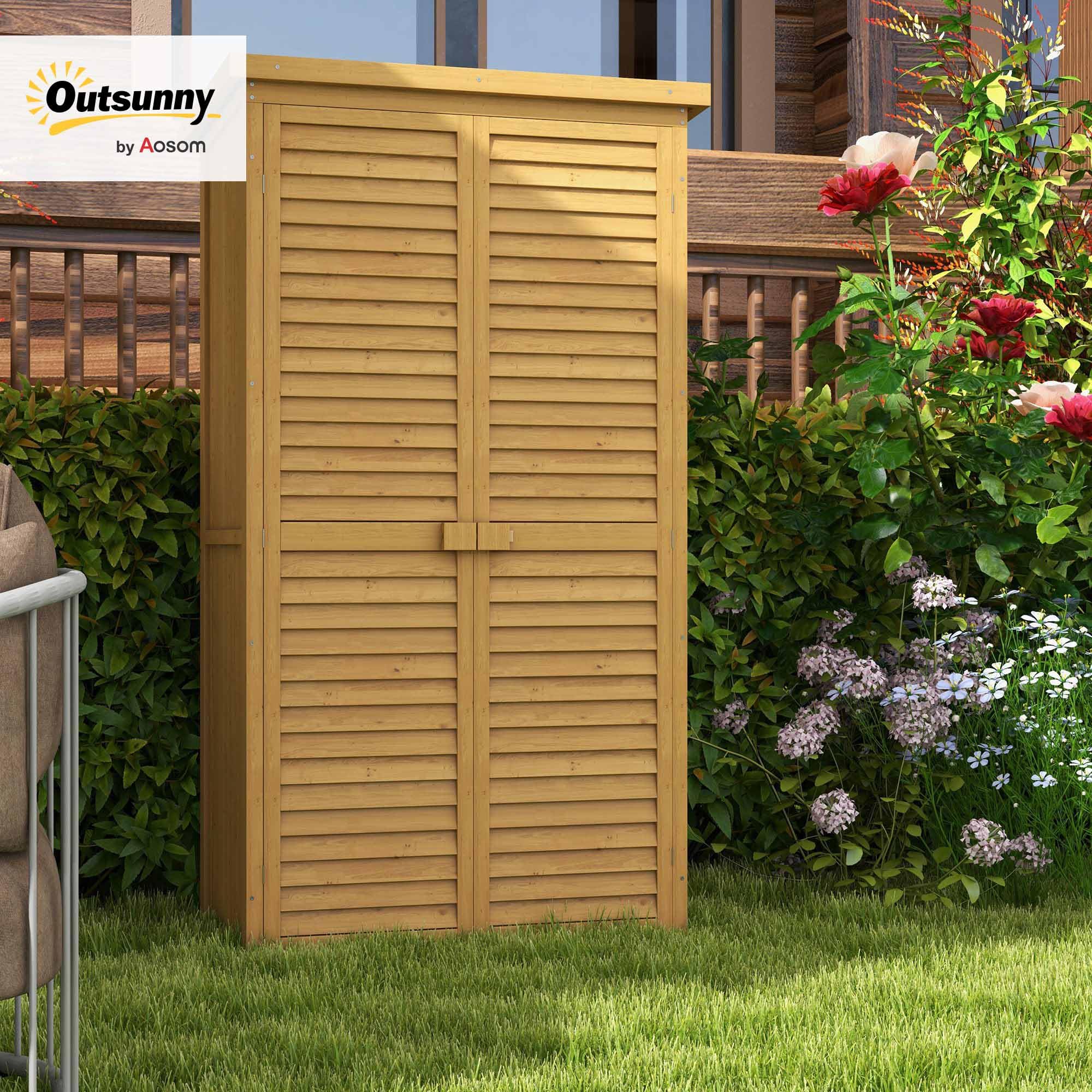 Outsunny Abri de Jardin abri à Outils sur Pied en Bois 2 étagères Portes à Volets Toit en Bitume incliné 87 x 47 x 160 cm Naturel