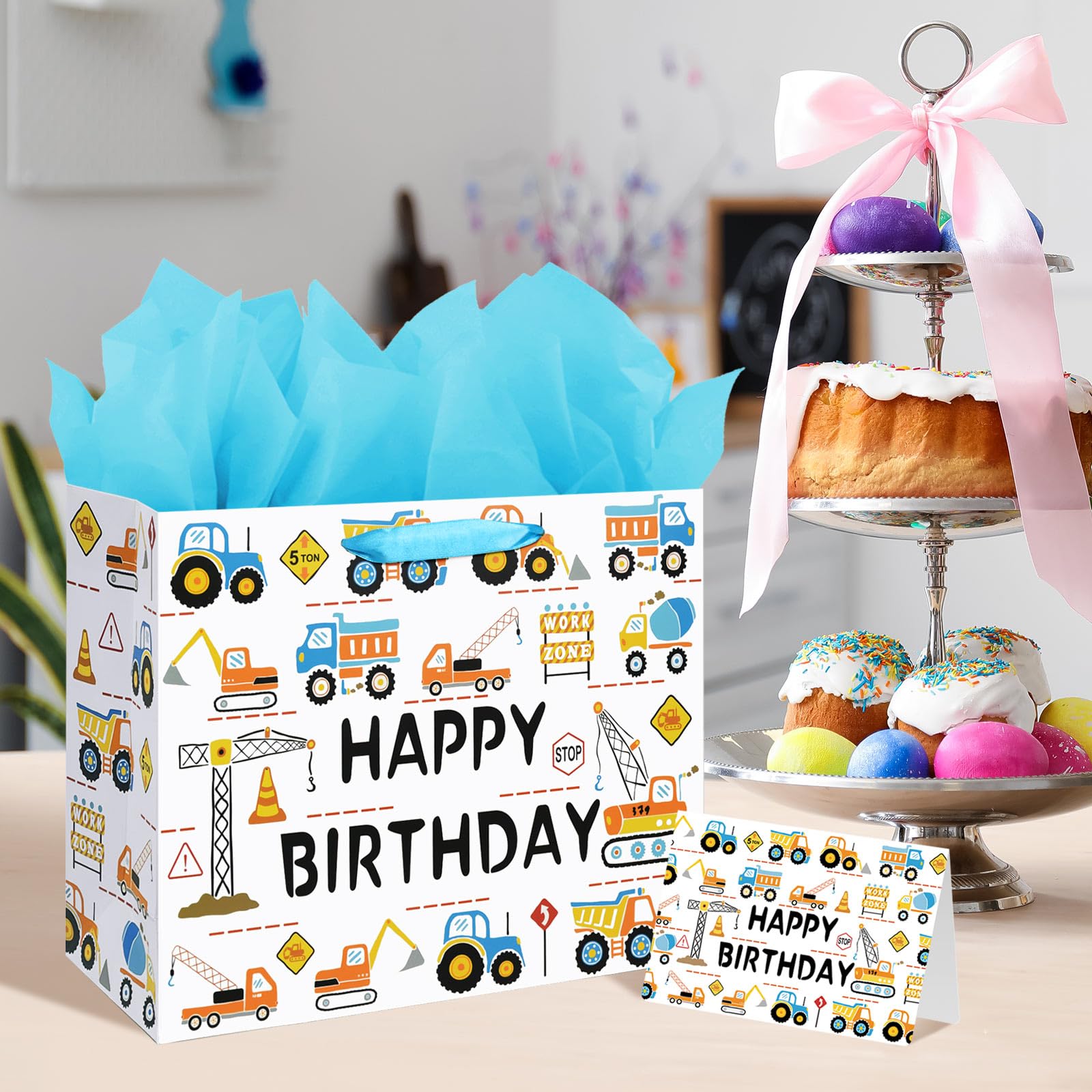 Laidans 13" Large Happy Birthday Gift Bag for Baby Boy Kids with Tissue Paper and Card (Construction Vehicle)