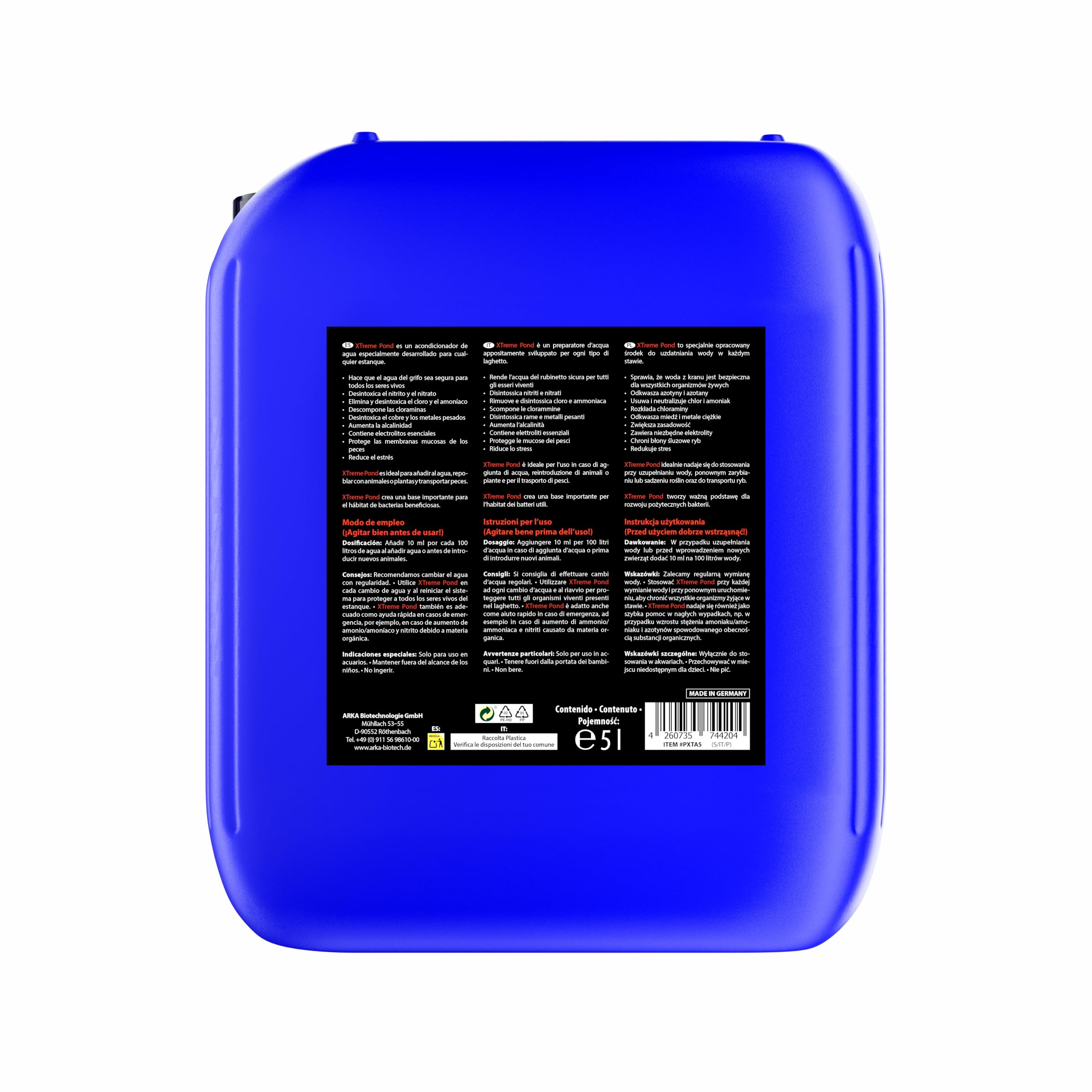 ARKA Pond Xtreme - 5 L - Hace Que el Agua del Estanque de jardín Sea Apta para los Peces, Elimina el Cloro y el amoníaco, Seguro para Todos los habitantes del Estanque.