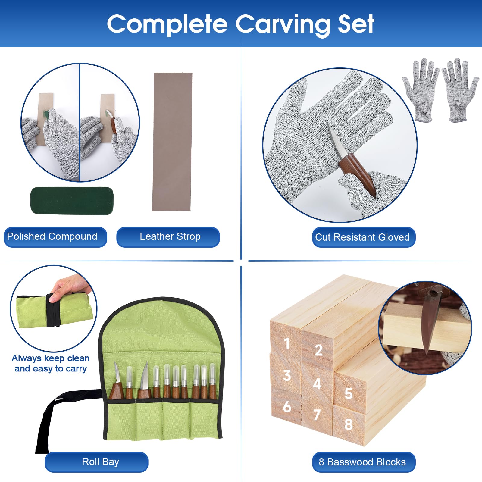 Wood Carving Tools, 26pcs Hand Carving Tool Set Wood Whittling Knife Kit with 3pcs Templates & 8pcs Wood Carving Knives 3 for DIY Sculpture Carpenter Experts & Beginners