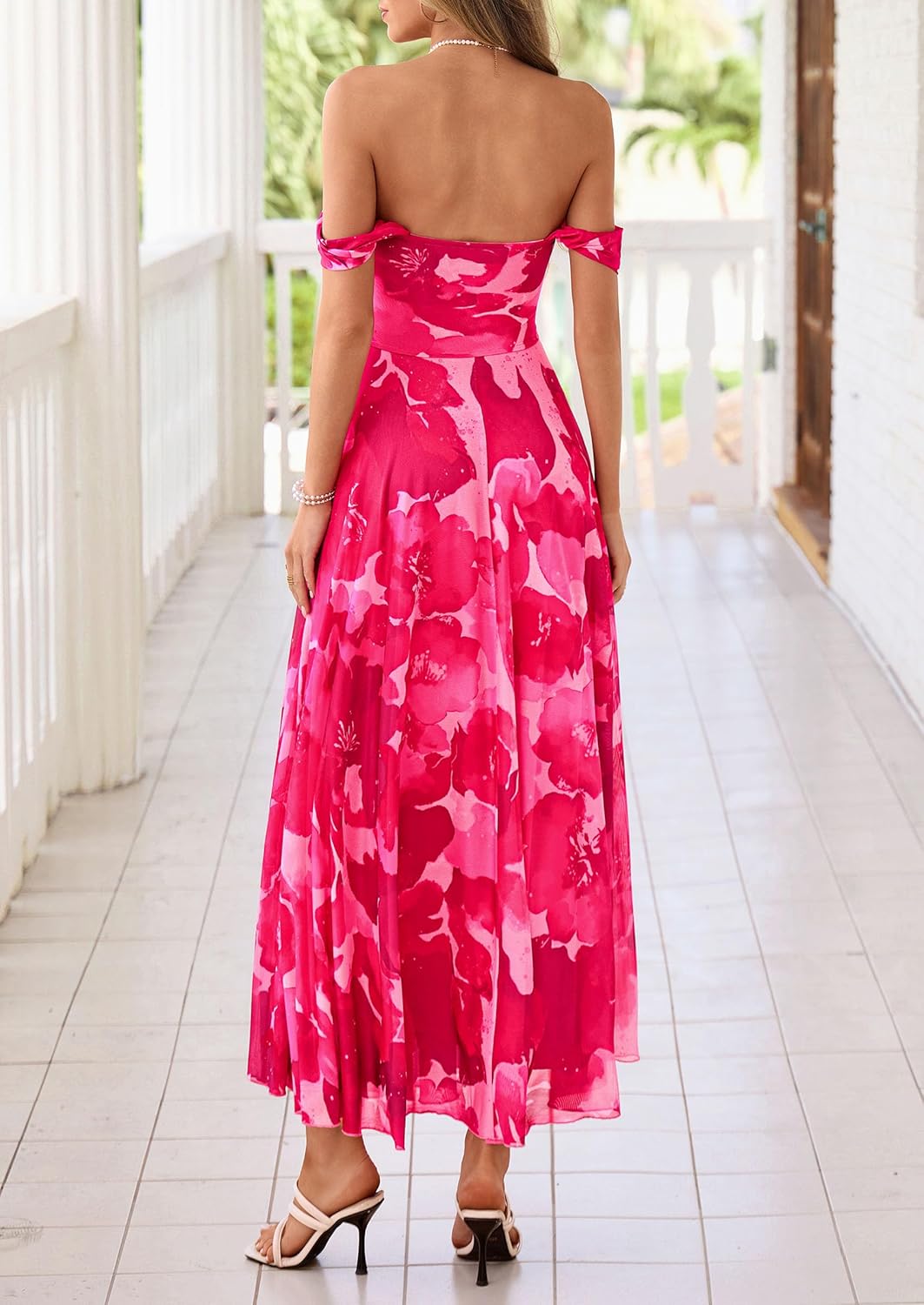 PRETTYGARDEN Womens Off Shoulder Maxi Summer Dresses 2026 Elegant Mesh Aline Swing Ruched Flowy Cocktail Wedding Guest Dress