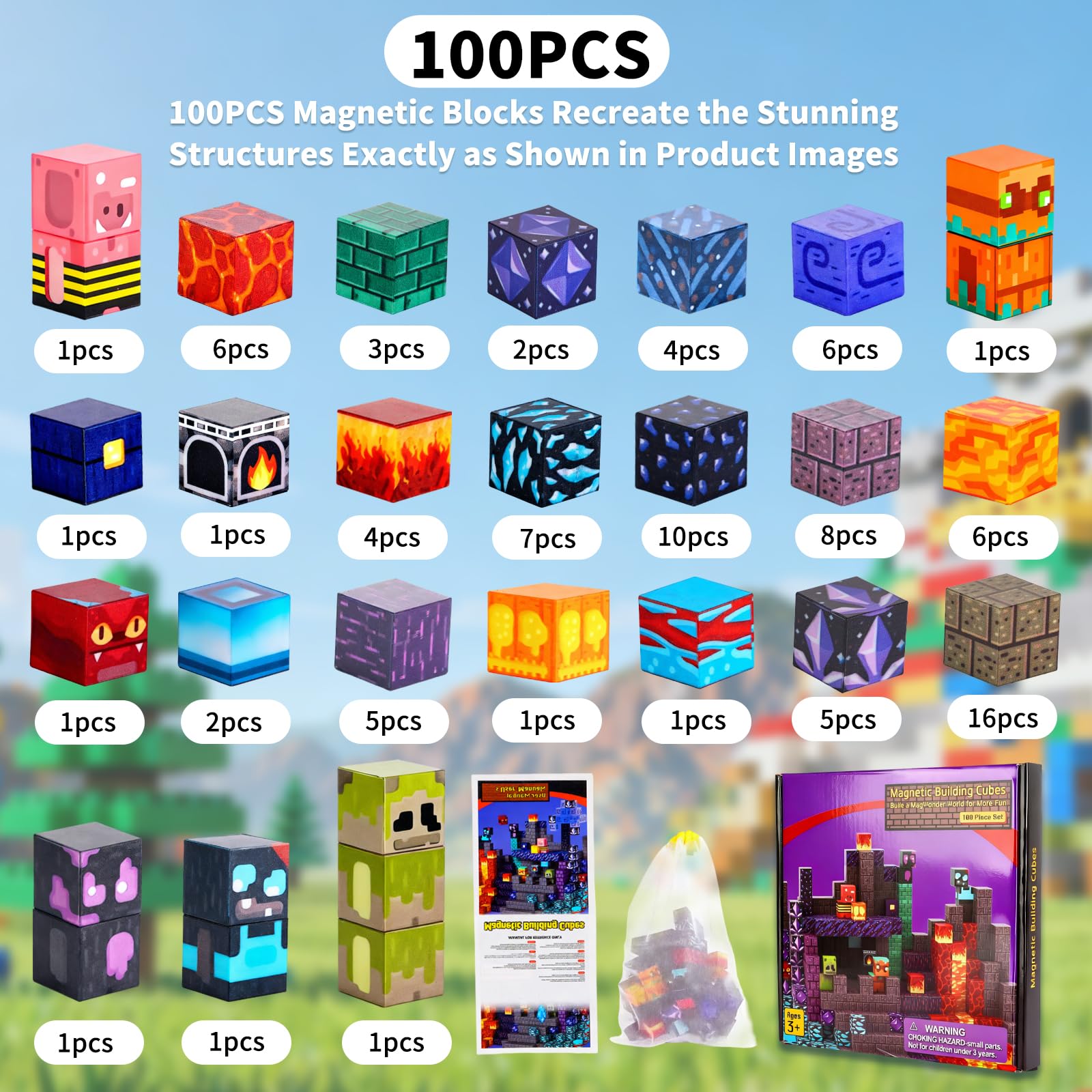 MEESHEEP Magnetic Blocks - Lava Cavern, Build Exact Models Shown in Pictures, Lava Cavern 100pcs, Small - Image 2