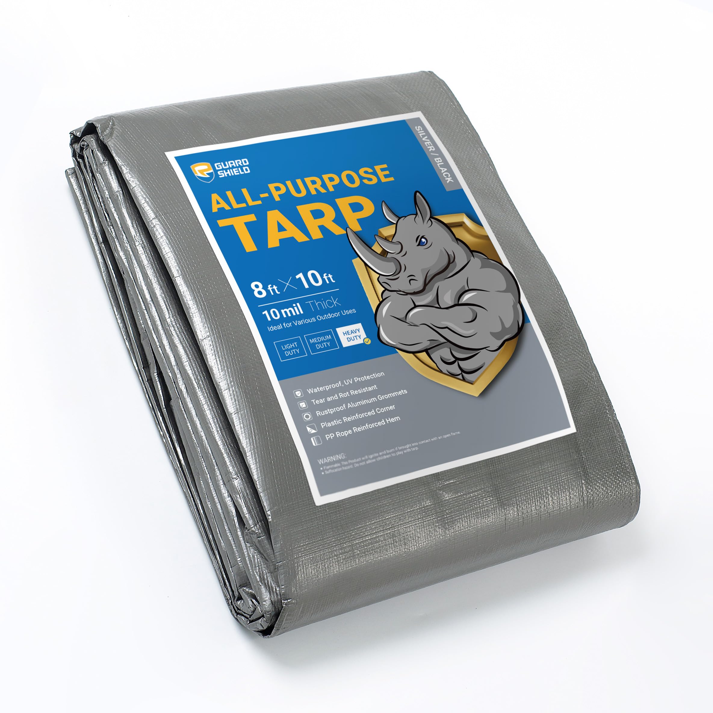 GUARD SHIELD Heavy Duty Tarp 8x10 Feet Silver/Black Multi Purpose Thick Waterproof Poly Tarp Cover 10mil