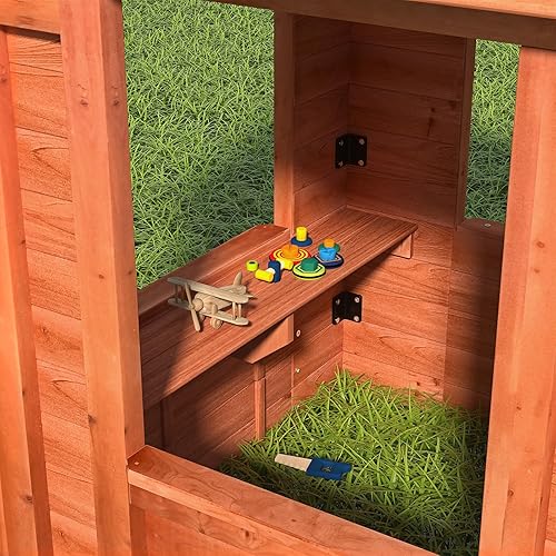 Miniatura 5 de Casa de juegos al aire libre para niños de 3 a 8 años, casa de juegos de madera con 4 ventanas de toldo de juegos, pared de bola y tetris. Casa de