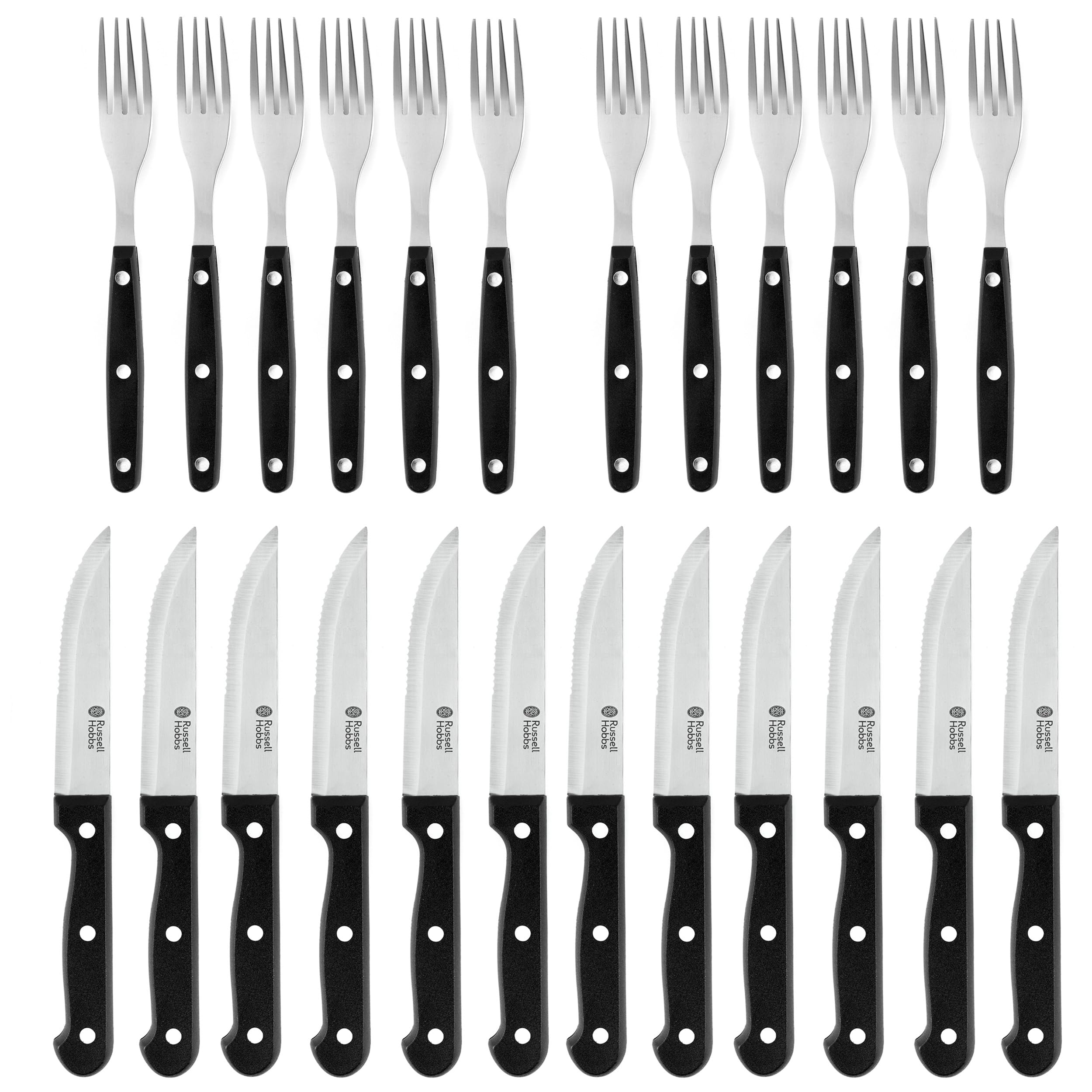 Russell Hobbs 24-tlg. Steakmesser- u. Gabel-Set, Besteckservice f. 6 Pers., Steakmesser u. Gabeln m. Edelstahlklingen, Wellenschliff, scharfe Fleischmesser, ergonomische Griffe, schwarz