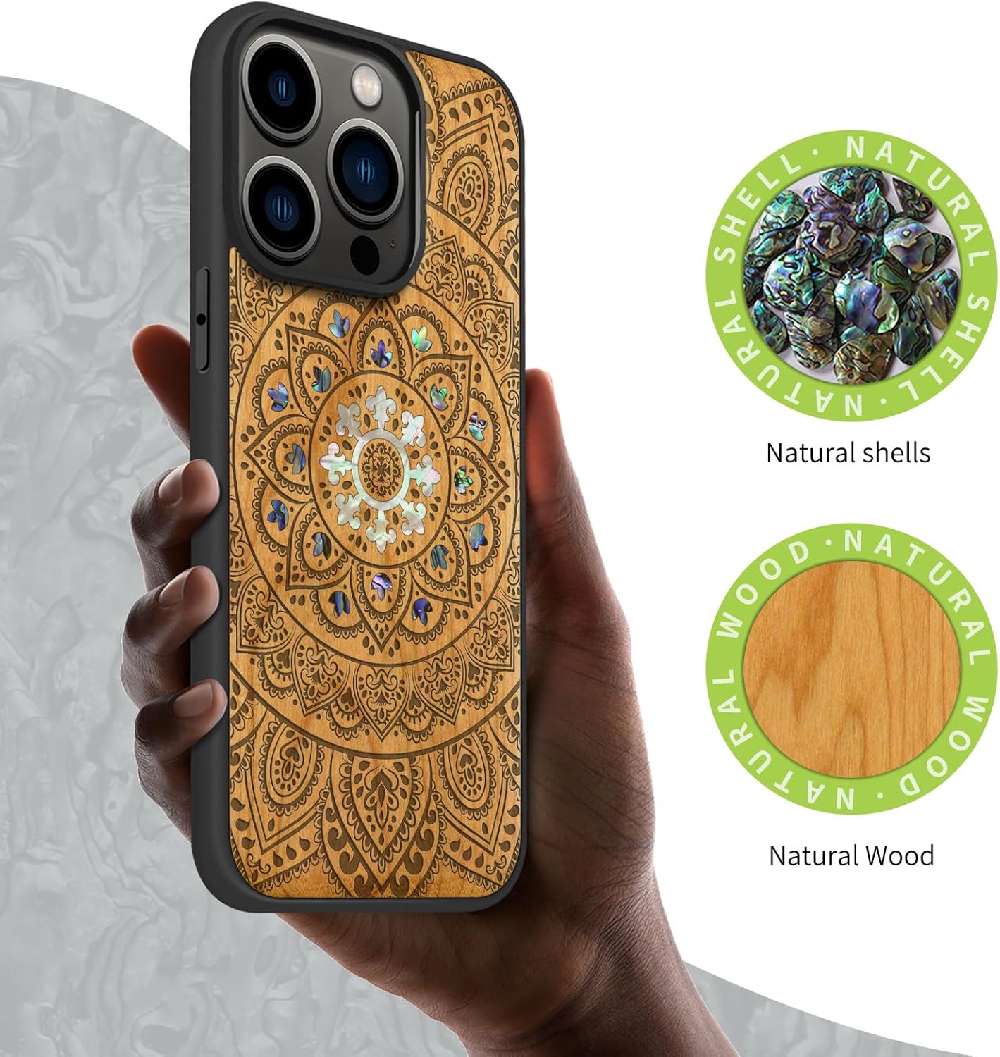 Carveit Wooden Case for iPhone 15 Pro Magnetic Case, Compatible with MagSafe Wireless Chargers, Shockproof Cover, Handmade Shell Inlaid & Wood Artisan Engraved (Mandala Floral) Cherry