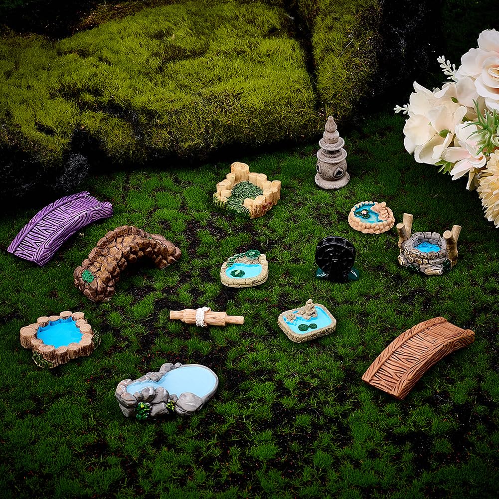 GORGECRAFT 12pz 12 Estilos de Puente de Jardín En Miniatura de Resina Minifaro Rueda Hidráulica Pozo Piscina Adornos de Construcción Puentes de Hadas Pequeñas Estatuas para Manualidades de Bricolaje