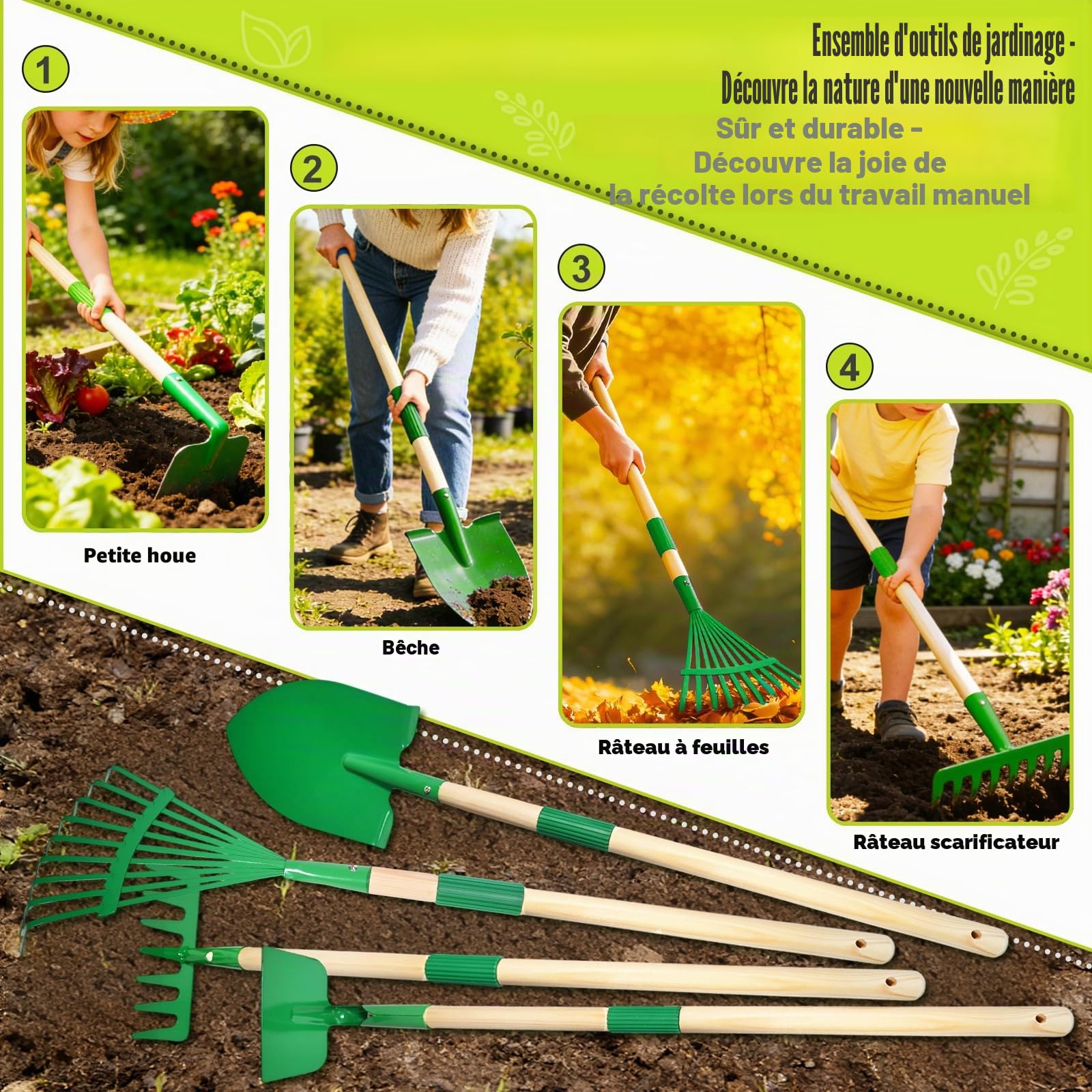 Outils Jardinage Enfant, 10 Kit Jardin Métal avec Pelle, Râteau, Fourche, Gants de Travail, Tablier, Arrosoir, Ensemble Complet de Jardinage pour Enfants, Jardin Extérieur, Cour, Pelouse (A)