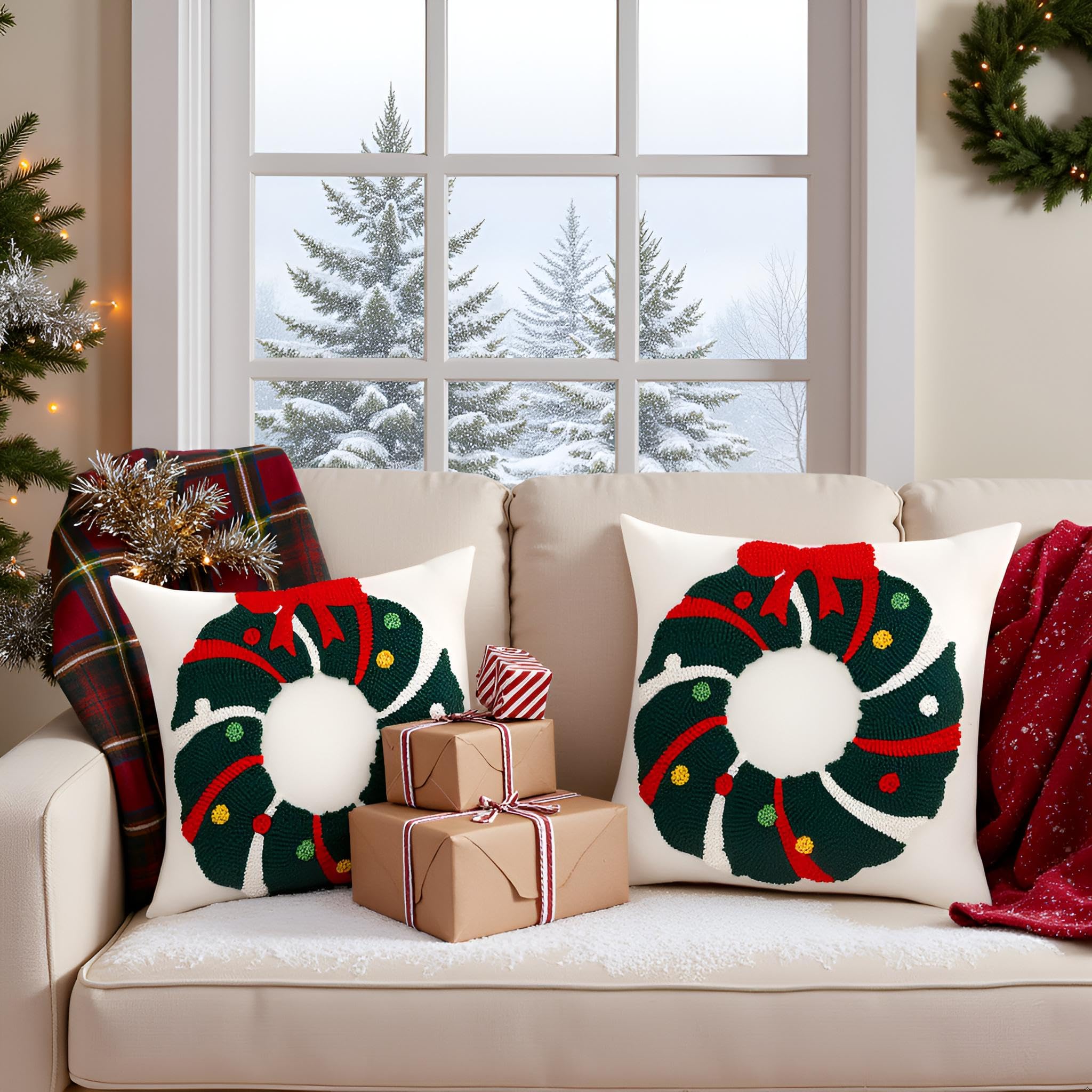 Tosleo Set di 2 federe natalizie con ghirlanda natalizia con fiocco, 45,7 x 45,7 cm, decorazioni natalizie a ciambella, in cotone, per divano, letto