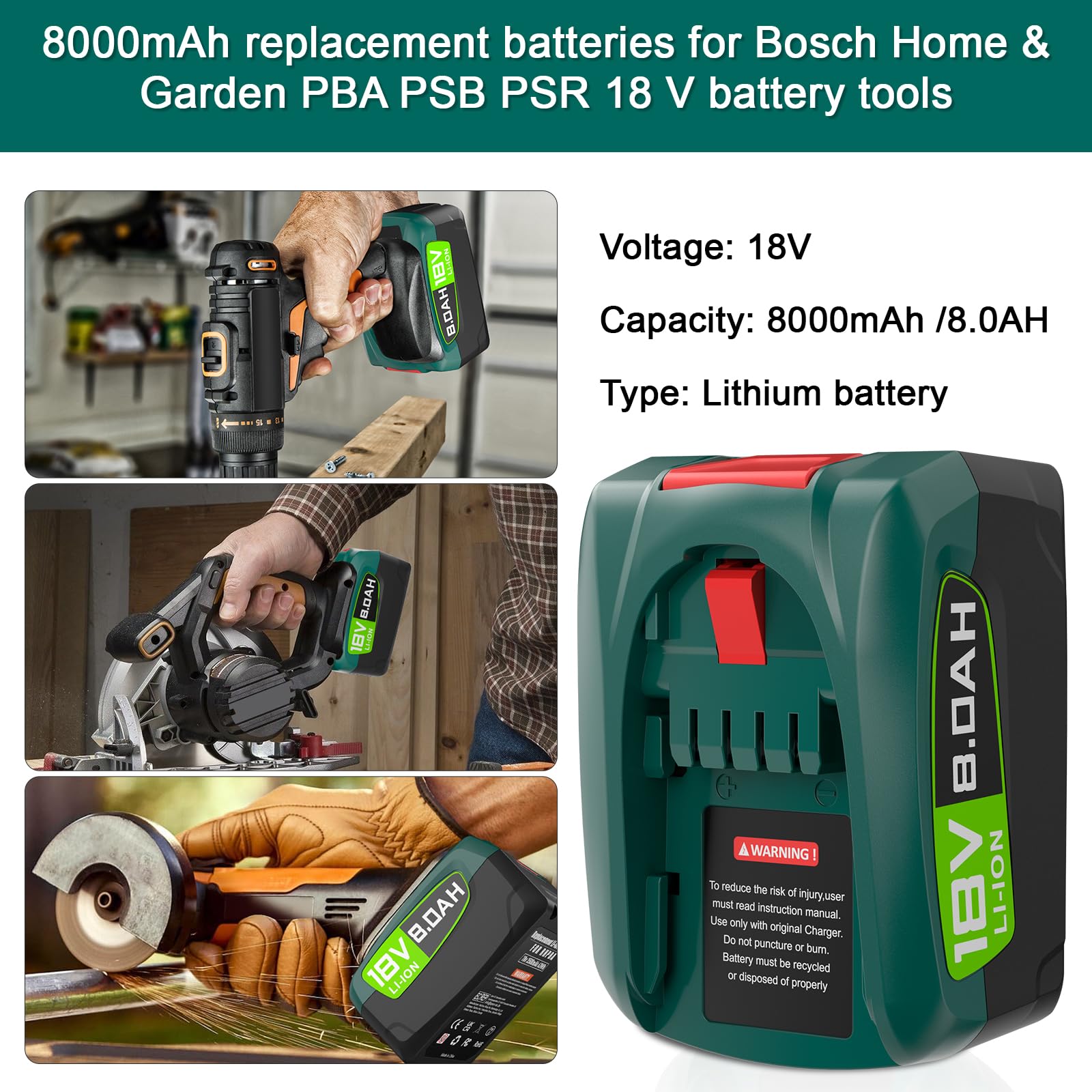 2×8000mAh Ersatzakku für Bosch 18V PBA/PSB/PSR Serie, Kompatibel mit Bosch Grünwerkzeuge Haus & Garten, Gardena 18V Akku (Nicht kompatibel mit Unlimited Staubsauger)