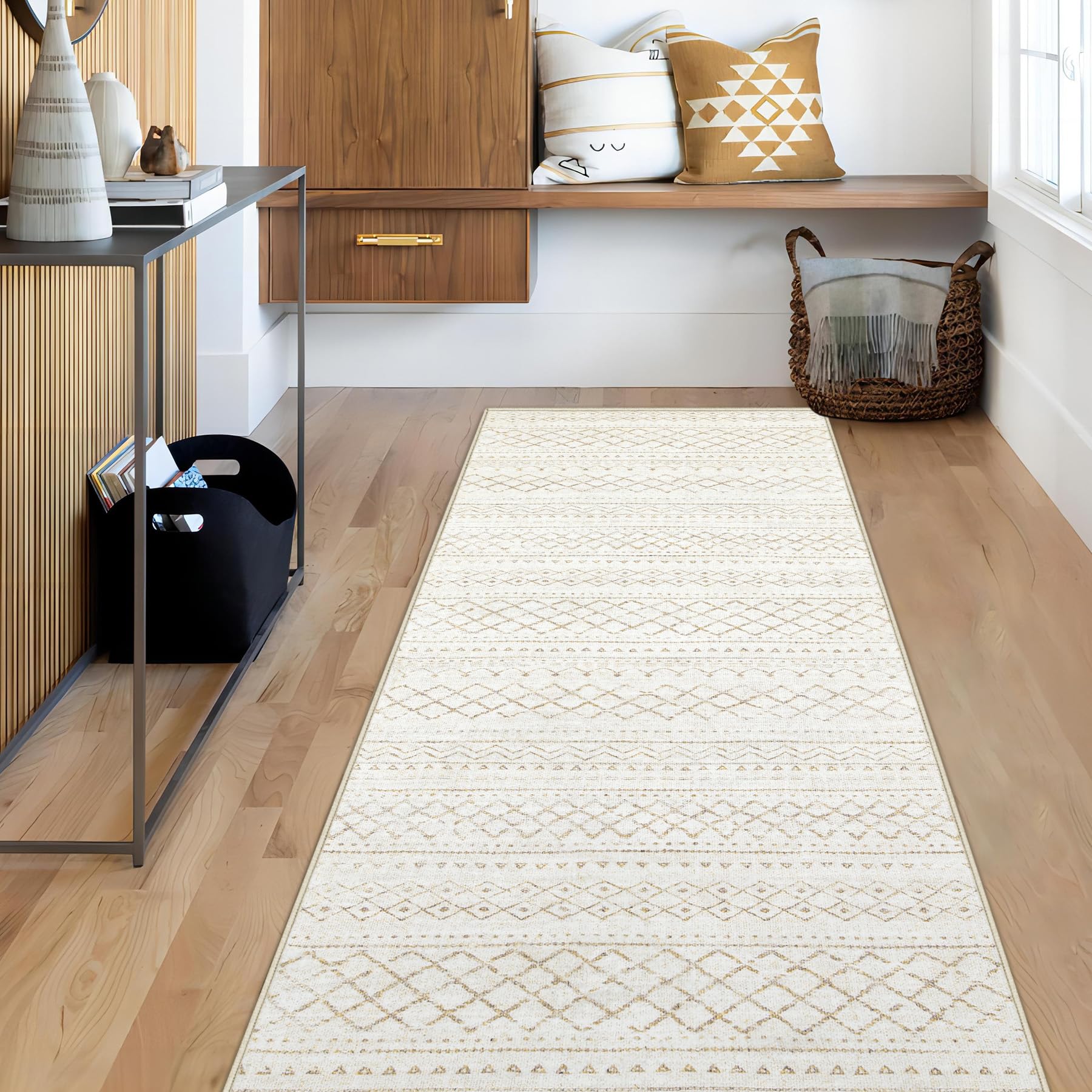 Runner Rug 2x5 Boho Geometric Area Rugs: Small Washable Kitchen Rug, Soft Non Slip Moroccan Long Hallway Rugs for Bedroom Bathroom Laundry Entryway Staircase Foyer(Beige,2X5)OEKO-TEX STANDARD 100
