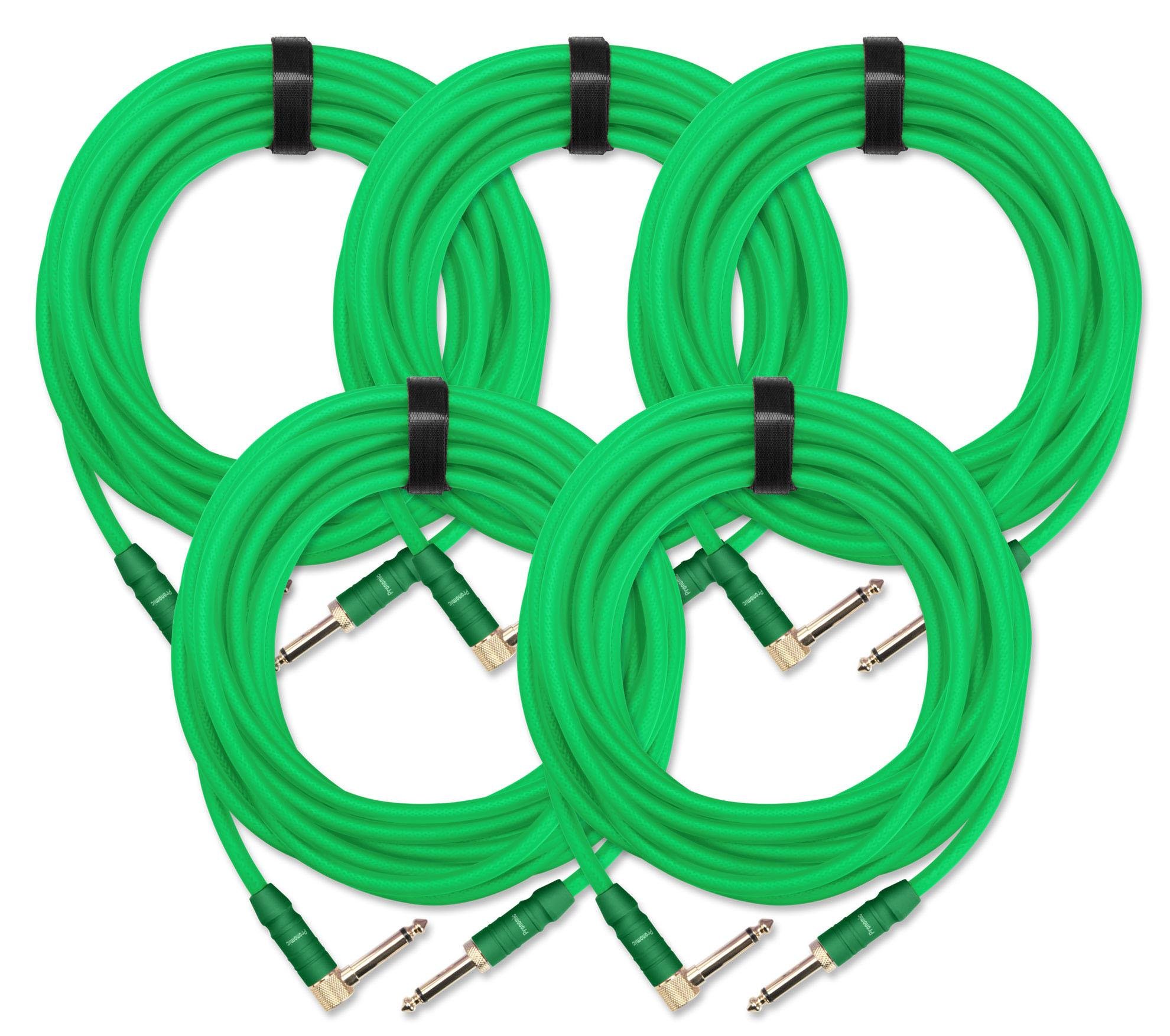 Pronomic Trendline Instrumentenkabel 6m 5x Set - 6,3 mm Mono Klinke auf Winkelklinke - Gitarrenkabel Basskabel Keyboard Kabel - vergoldete Stecker - geschirmt - Kabelklette - Grün