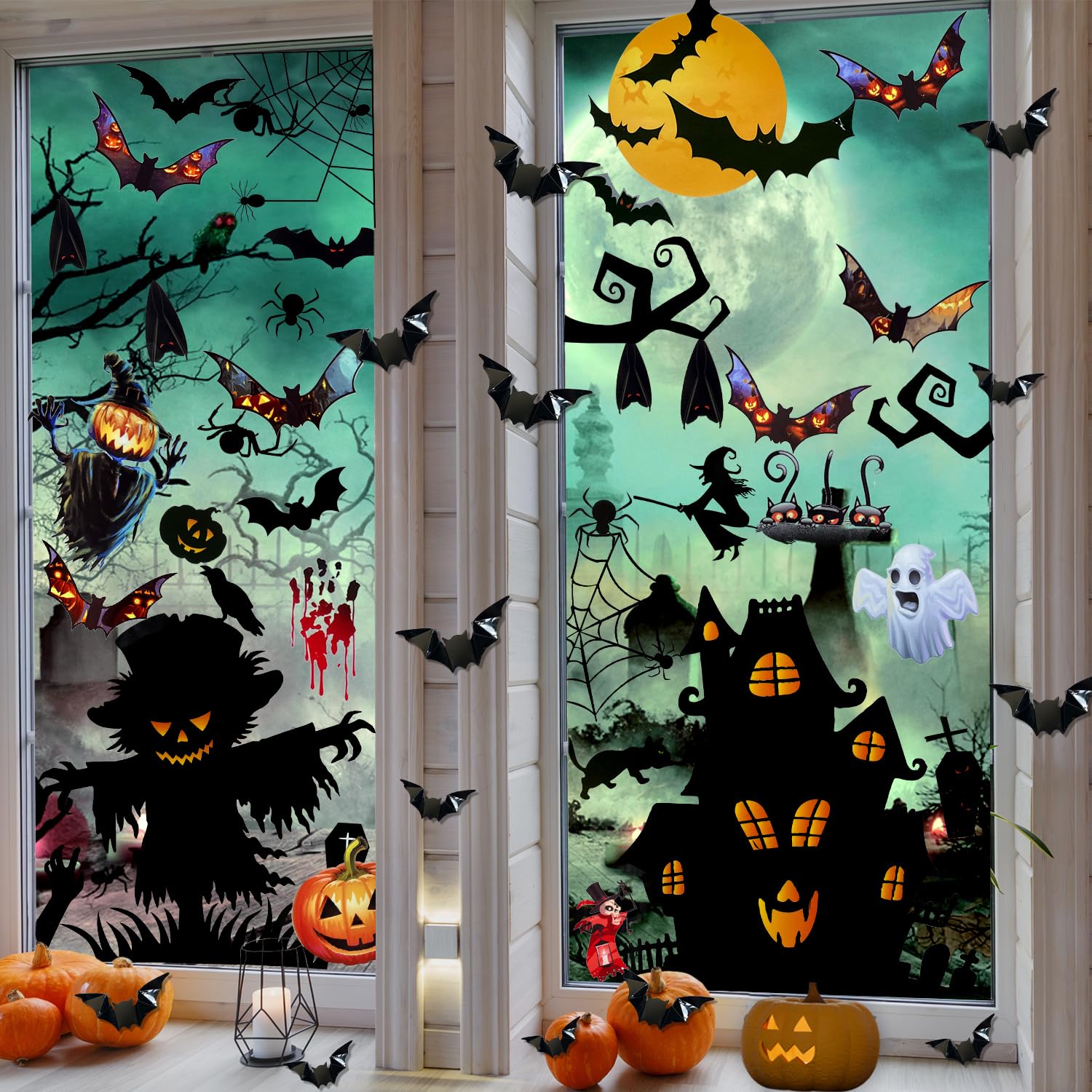 Mauts 149pcs Halloween Window Stickers Glass Decals for Halloween Party Decorations and 16pcs 3D Bats Decoration-4 Sizes Realistic PVC Scary Bats Window Decal Wall Stickers