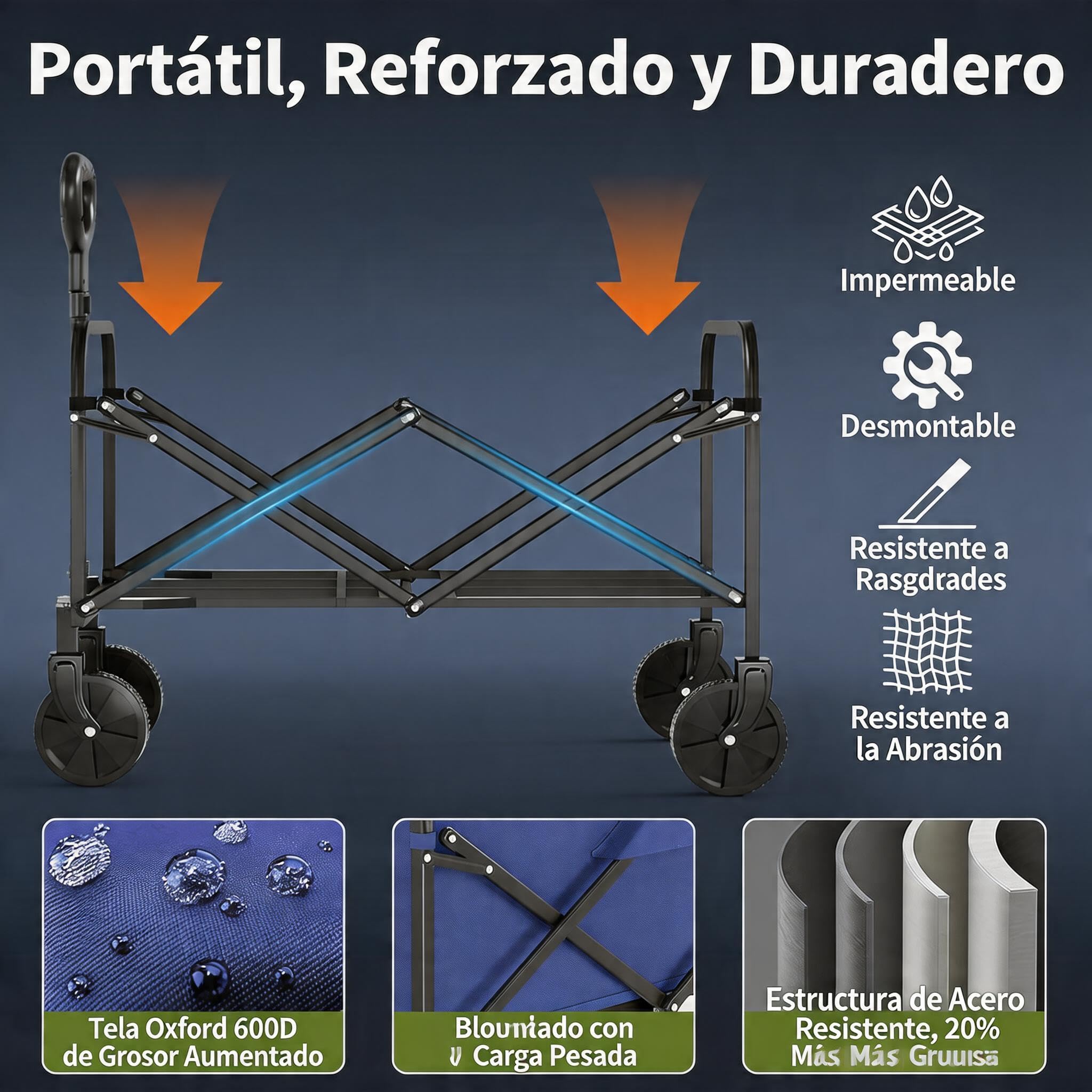 Carrello pieghevole con ruote grandi fuoristrada - Carrello da spiaggia con carico massimo di 172 kg - ideale per spiaggia, giardino e campeggio - maniglia regolabile - trasporto di attrezzi o
