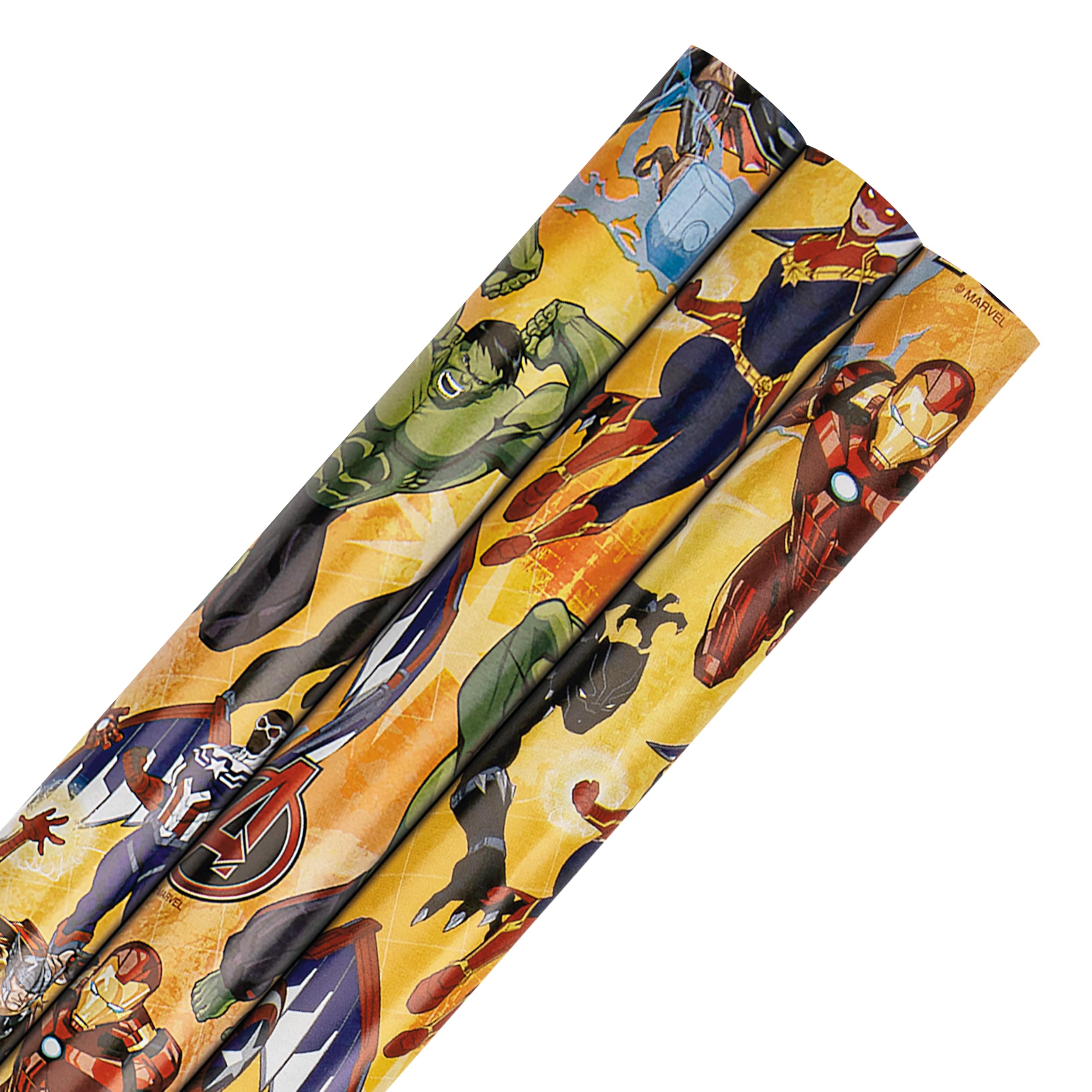 Hallmark Wrapping Paper Roll, Pack of 3 in 1 MARVEL Avengers Design, 2M Each, Birthday, Christmas, Yellow