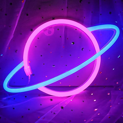 Planet Neon Signs, Cisteen Led Neon Light Sign Powered by Battery or USB, Wall Decor Led Lights Home Decoration Hanging Art Neon Signs for Bedroom,Game Room,Bar,Party,Kids Gift (Blue&Pink) - P-blue Pink