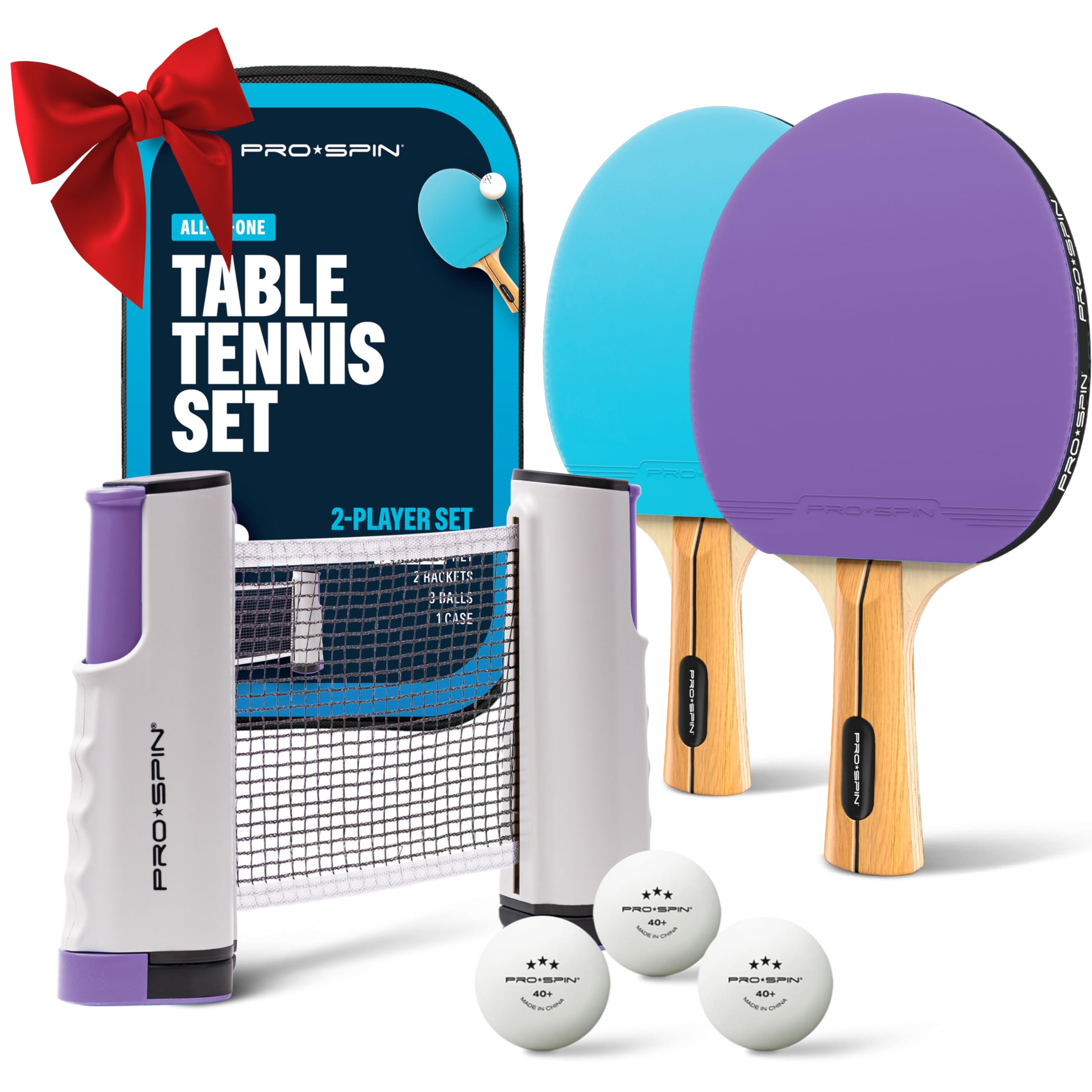 PRO-SPIN Portable Ping Pong Set with Retractable Ping Pong Net for Any Table, All-in-One Table Tennis Set with Ping Pong Paddles, Balls & Case, Table Top Family Game