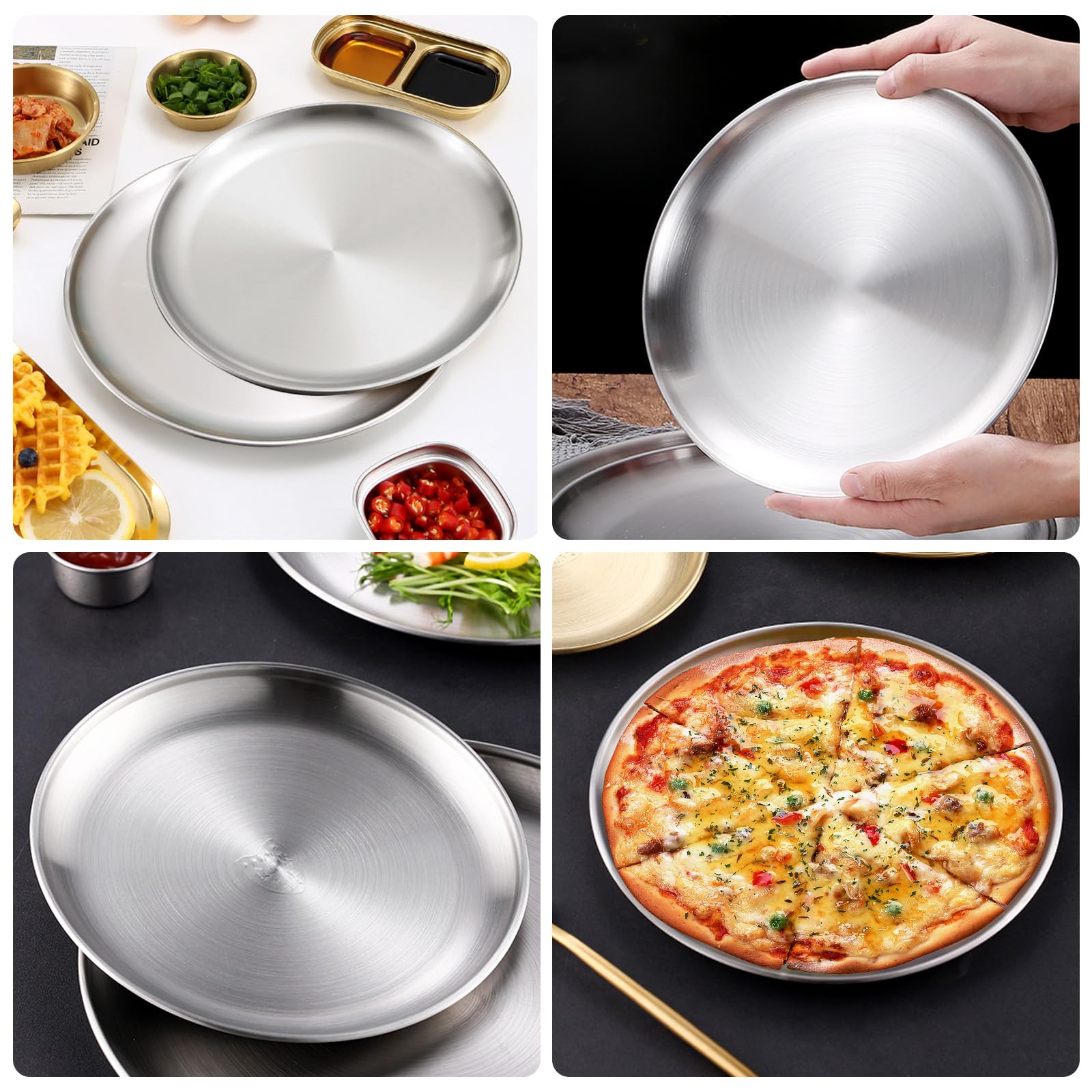 BORDEAG Piatti da Campeggio in Acciaio Inox 30 cm, 4 Set di Piatti in Acciaio Inossidabile Inox, Piatti Rotonde in Acciaio Inox, Stoviglie da Picnic e Campeggio, per Picnic, Campeggio, BBQ