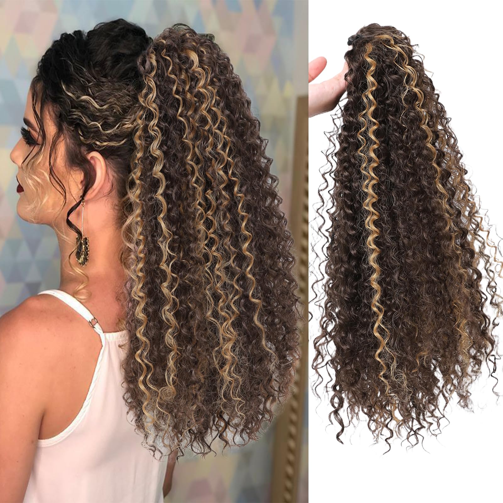 Ponytail Extension for Black Women Curly Drawstring Ponytail 20 Inch Clip in Synthetic Long Kinky Curly Fluffy Ponytail for Daily Use (10H26, 20 inch)