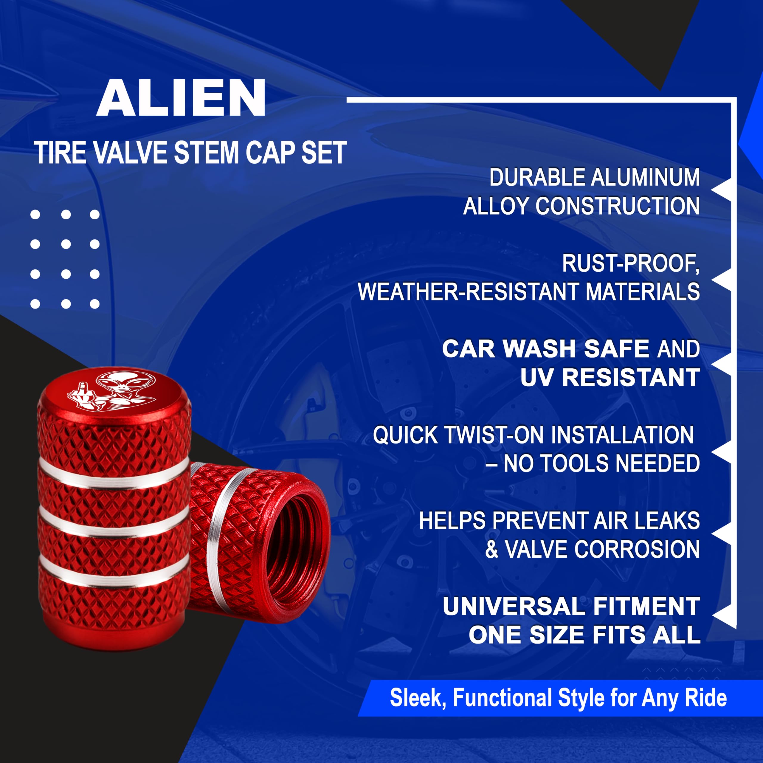 Alien - Juego de 4 tapas de válvula de neumático de aluminio anodizado, resistentes a la corrosión, cubiertas universales para automóviles, camiones, motocicletas, SUV y bicicletas, color rojo