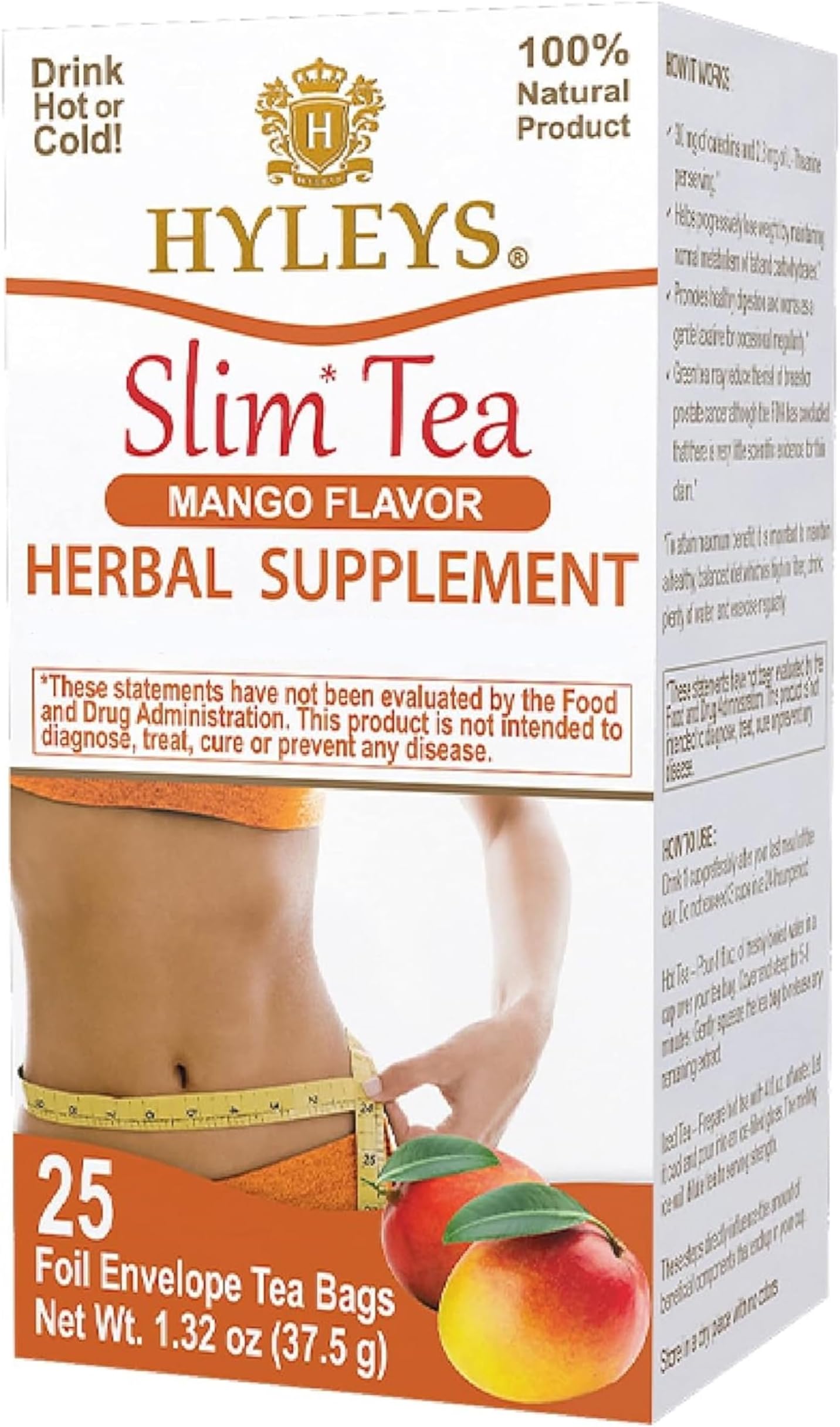 Hyleys Slim Tea Mango Flavor - Weight Loss Herbal Supplement Cleanse and Detox - 25 Tea Bags (1 Pack)