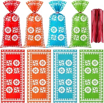 100 Pcs Mexican Fiesta Cellophane Treat Bags Mexican Candy Bags Cinco De Mayo Goody Sacks Fiesta Party Favor Goodie Gift Sack for Party Birthday, with 150 Red Twist TiesFresh