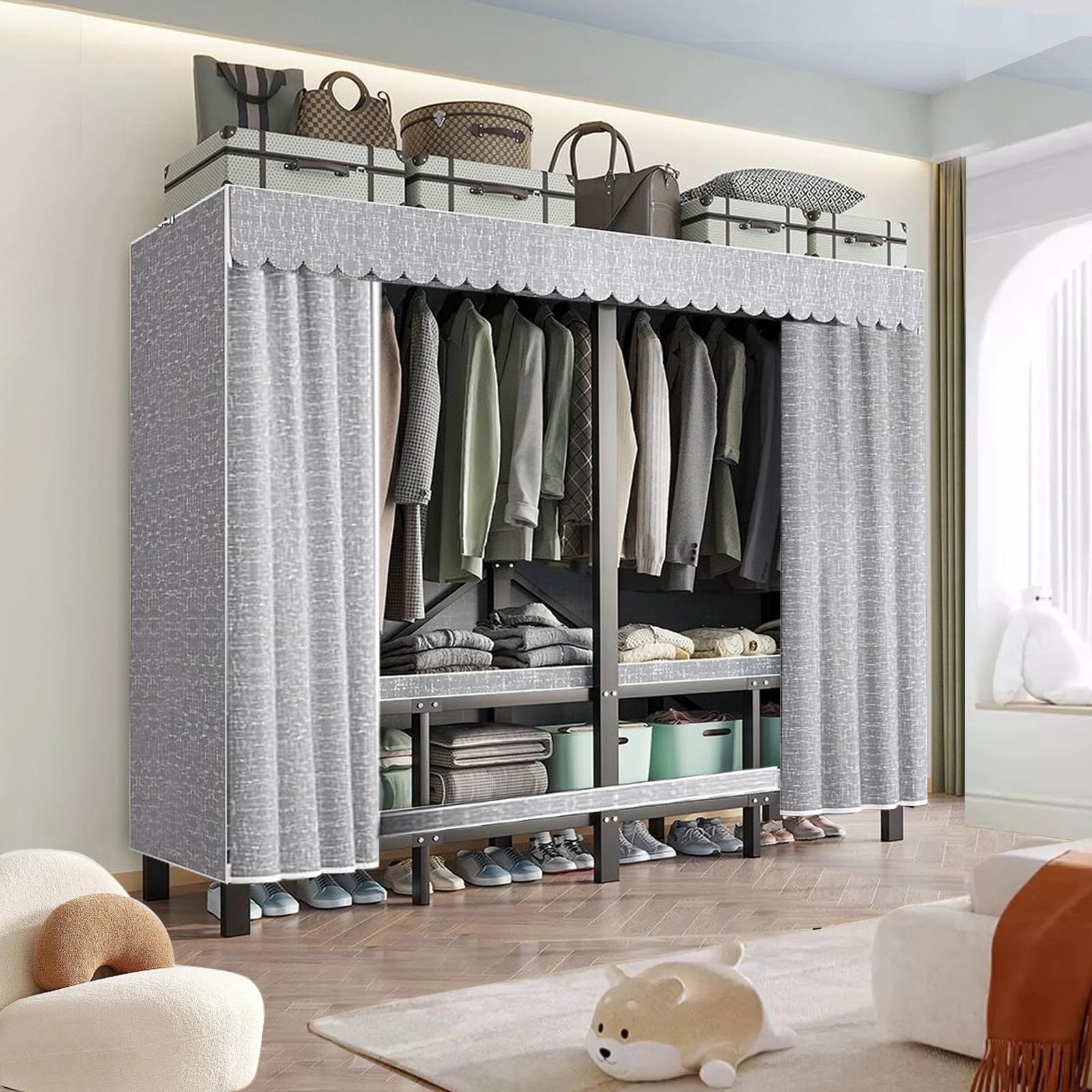 150cm Stoffschrank Tragbarer Kleiderschrank mit Abdeckung, 500kg, Faltbarer Kleiderschrank mit Kleiderstangen, Faltschrank mit Reißverschluss, Stoffschrank für Schlafzimmer (A, 150 x52 x170cm)