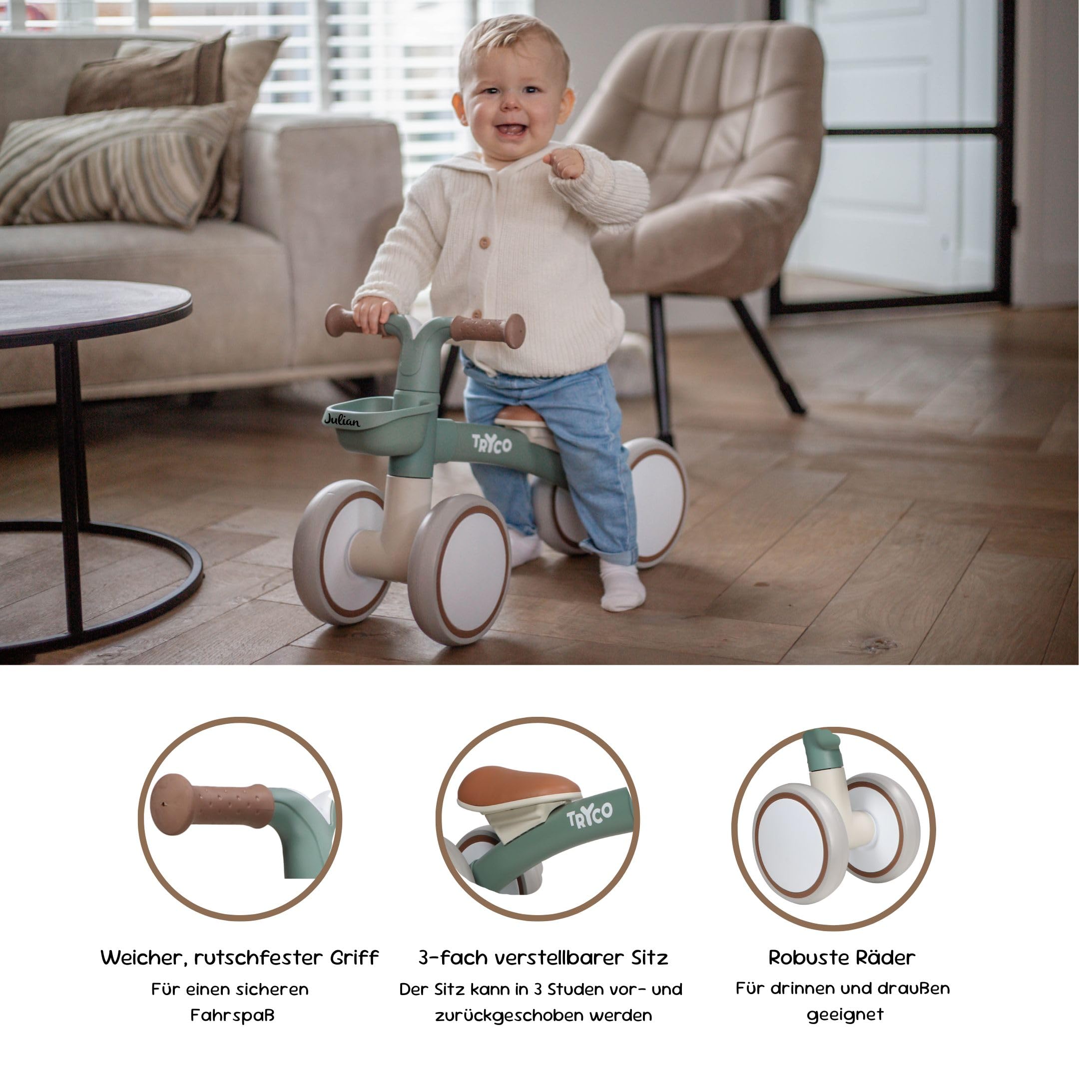 Lauflernrad Tryco First Bike Luna – Personalisierbar mit Namen – Kinderlaufrad aus Holz – Ab 2 Jahren – Balance Bike mit Namen