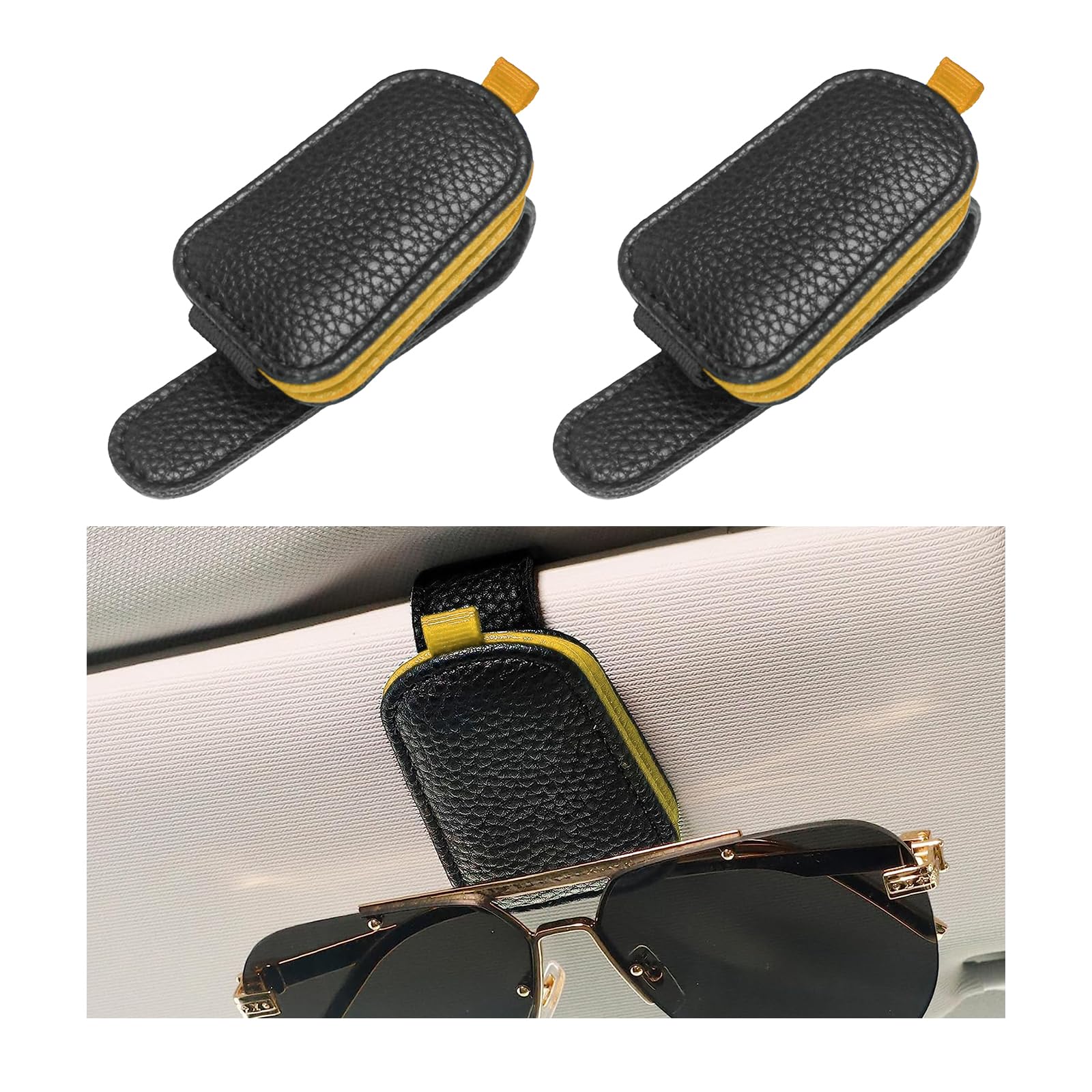 Augeny 2 PCS Sunglasses Holder for Car, Leather Magnetic Sun Visor Eyeglasses Hanger Mount, Universal Auto Glasses Holder and Ticket Card Clip, Car Visor Accessories for Woman Man (Black & Yellow)