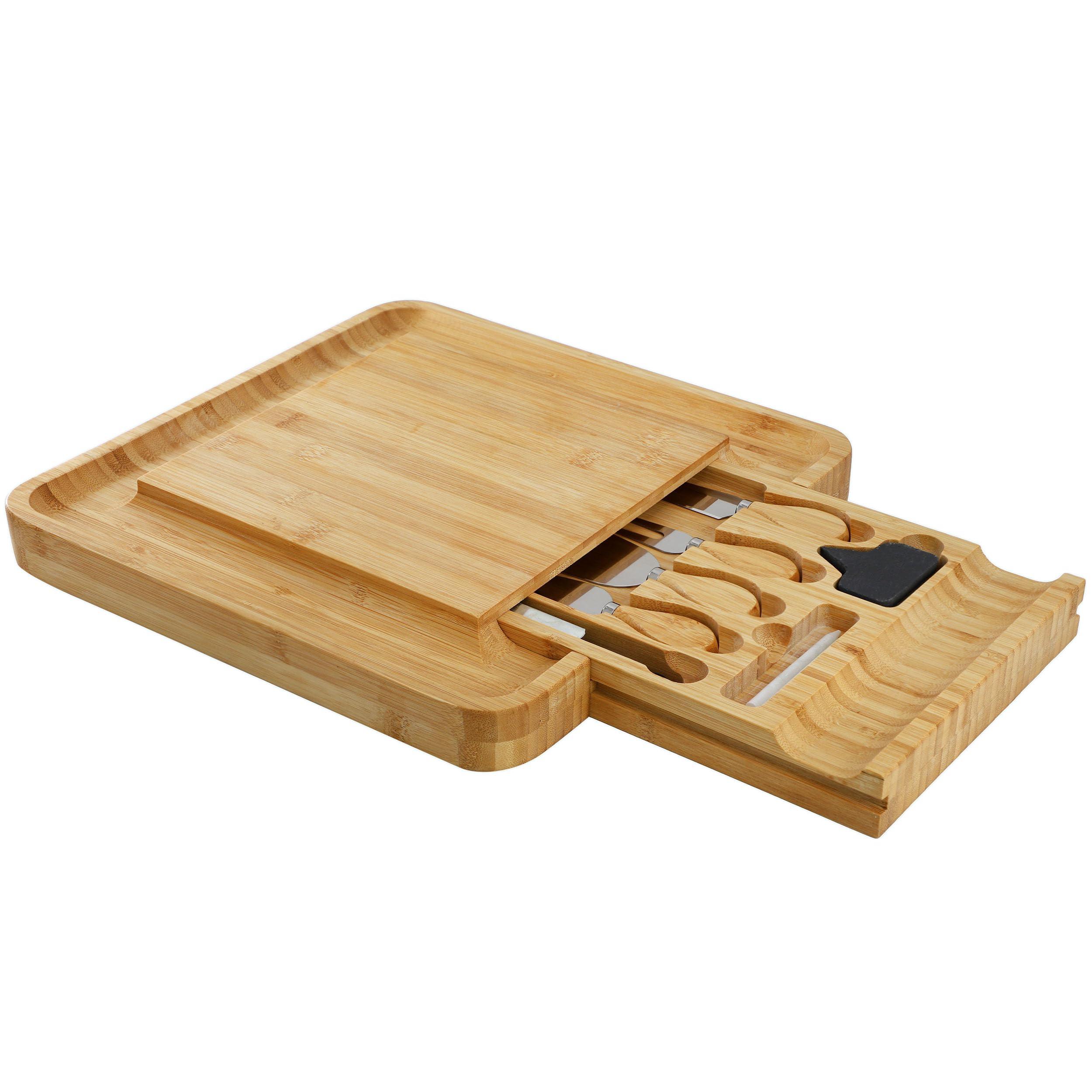 Elama Bamboo Charcuterie Cheese Board with Slide Out Drawer, Cheese Utensils, Bottle Opener, and 3 Piece Mini Chalkboard Set