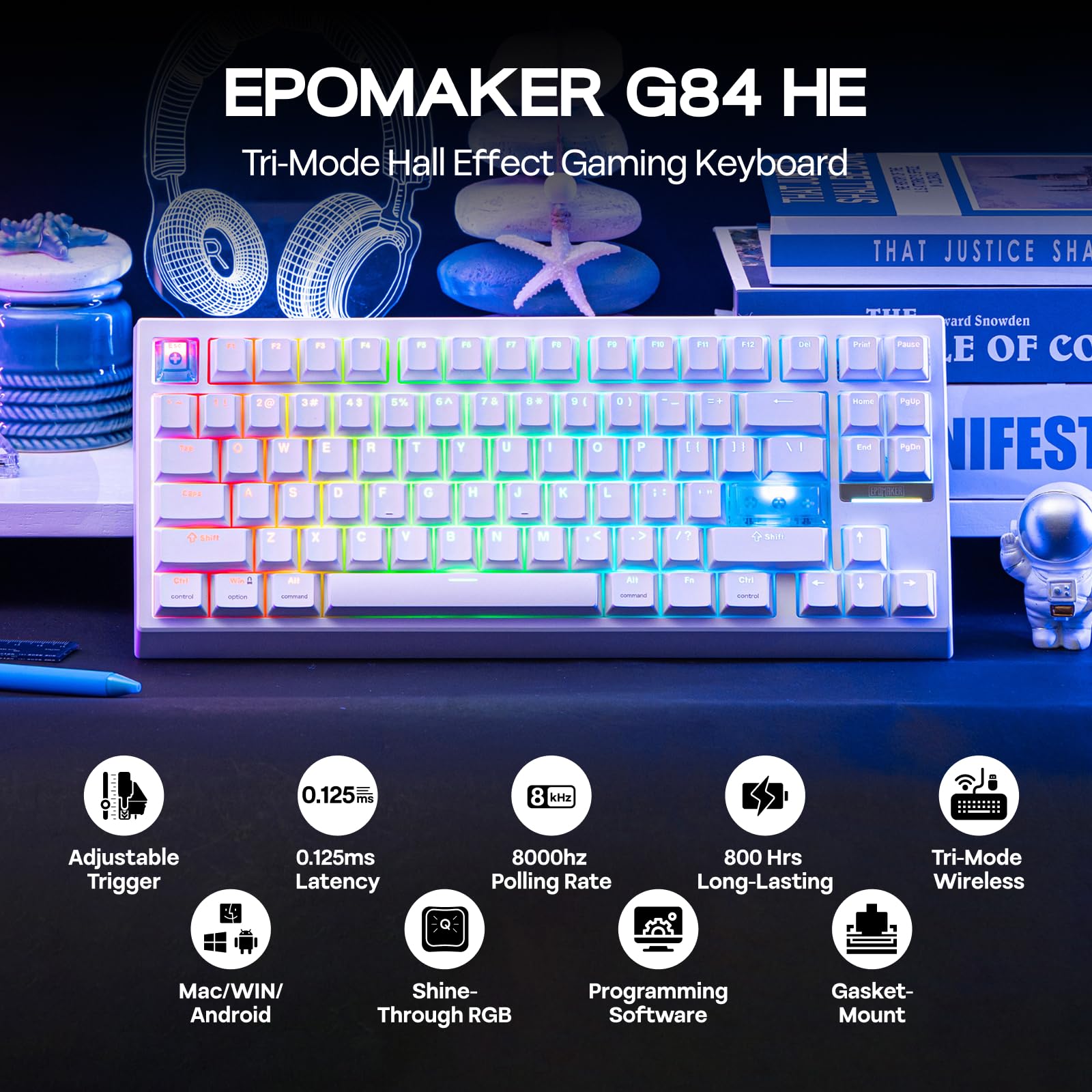 EPOMAKER Bezprzewodowa klawiatura do gier G84 HE, 8K ankieta i 8000 mAh, SOCD i DKS, magnetyczna klawiatura Halla z szybkim wyzwalaniem i regulacją aktywacji, RGB Keycap PBT, hot swap, QWERTY, Win/Mac