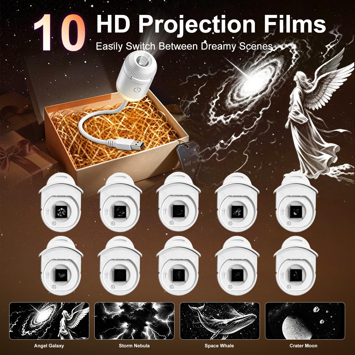 Proyector de galaxia, luz nocturna, lámpara de estrella USB 2 en 1, regalo para niños para dormitorio | Brillo ajustable, decoración de techo para pared de coche y habitación