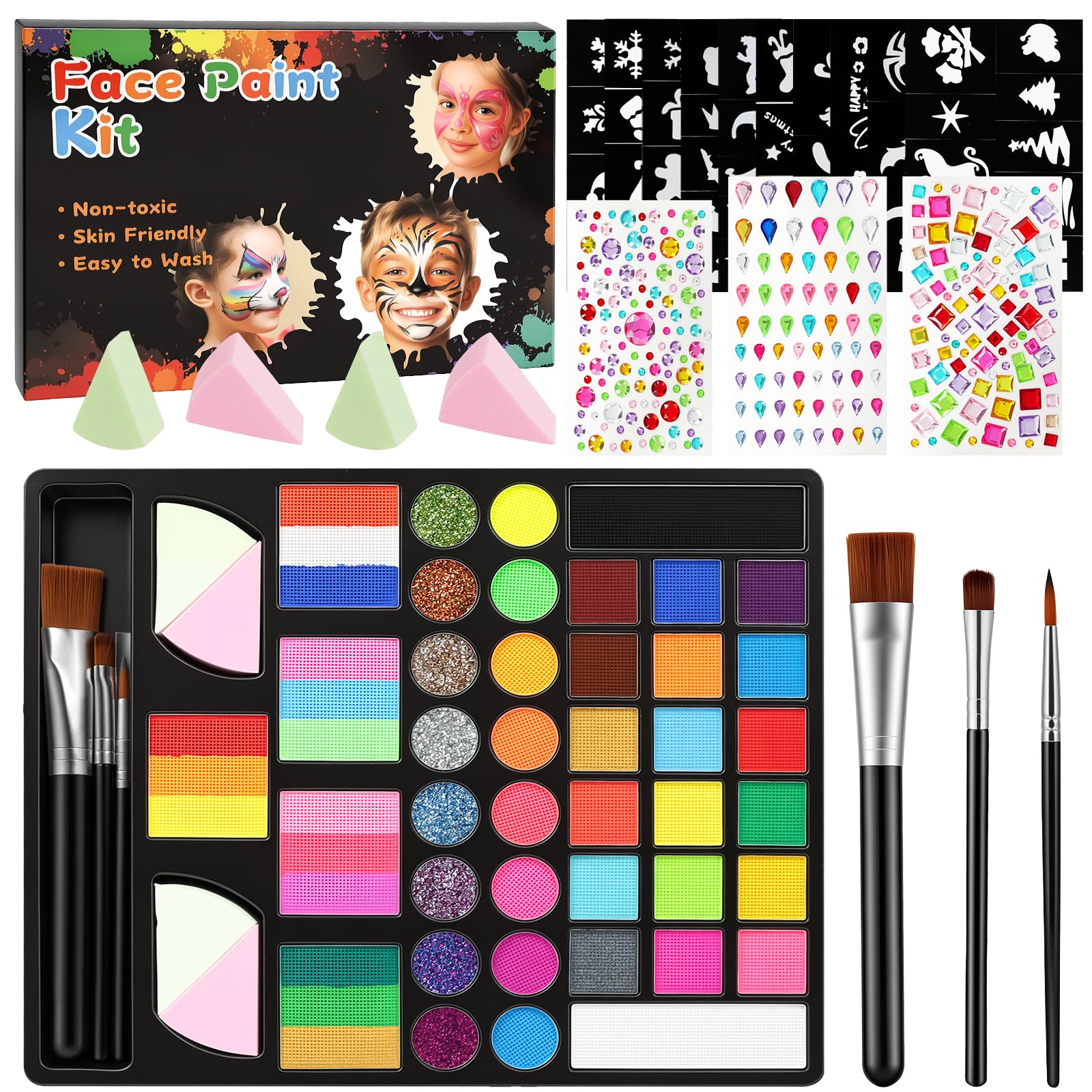 AYBUY Truccabimbi Trucco per Bambini, 41 Colori Trucco Viso Bambini | Truccabimbi Kit Anallergici Atossici, Trucca Bimbi Viso Bambini con 3 Pennelli e 3 Stencil a Diamante per Carnevale, Natale