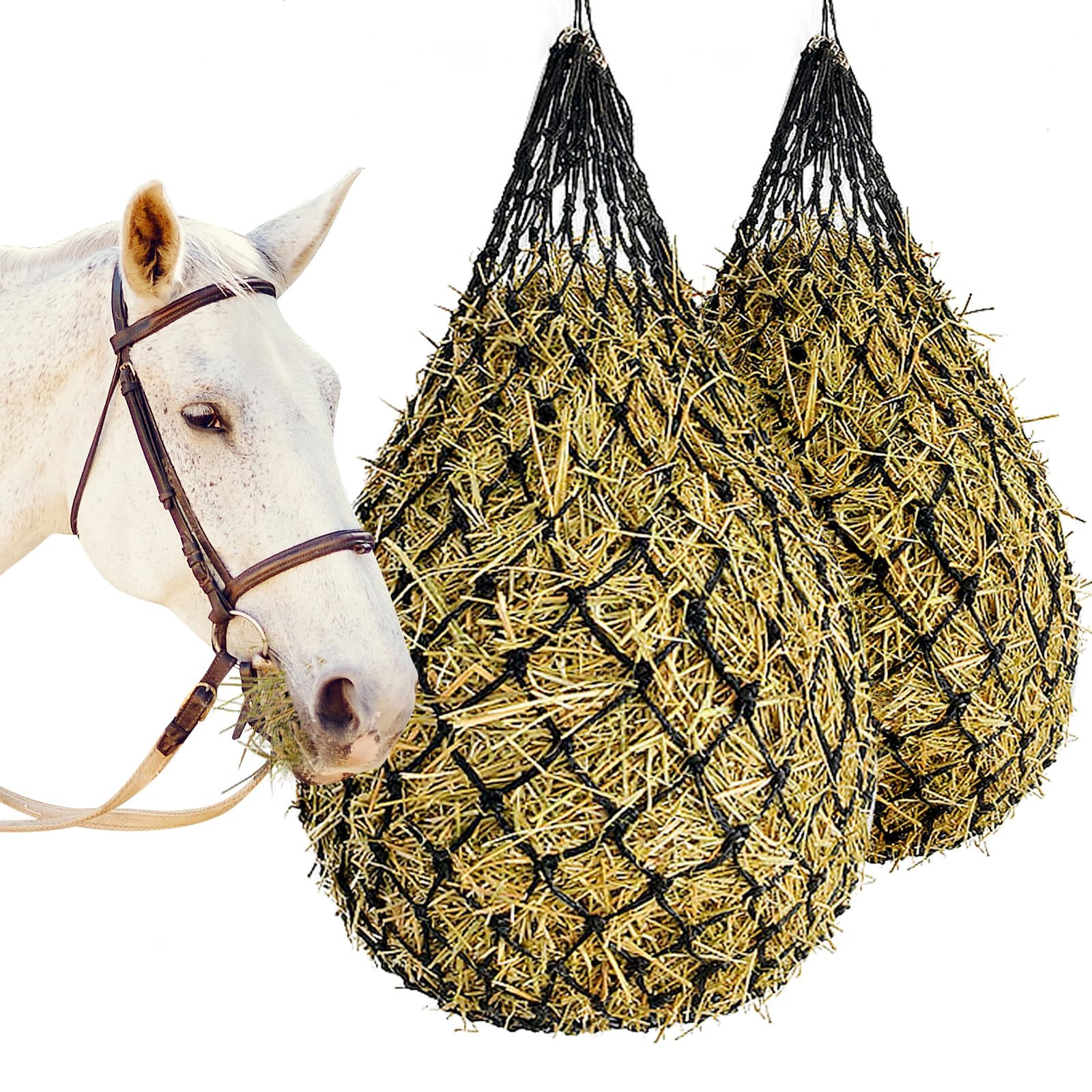 Siatka na siano dla koni, duża, 10-15 kg, siatka na siano o wąskich oczkach 5 x 5 cm, worek na siano dla koni, do odpowiedniego karmienia, do kuli siana, polepsza trawienie, worek na karmę w drodze