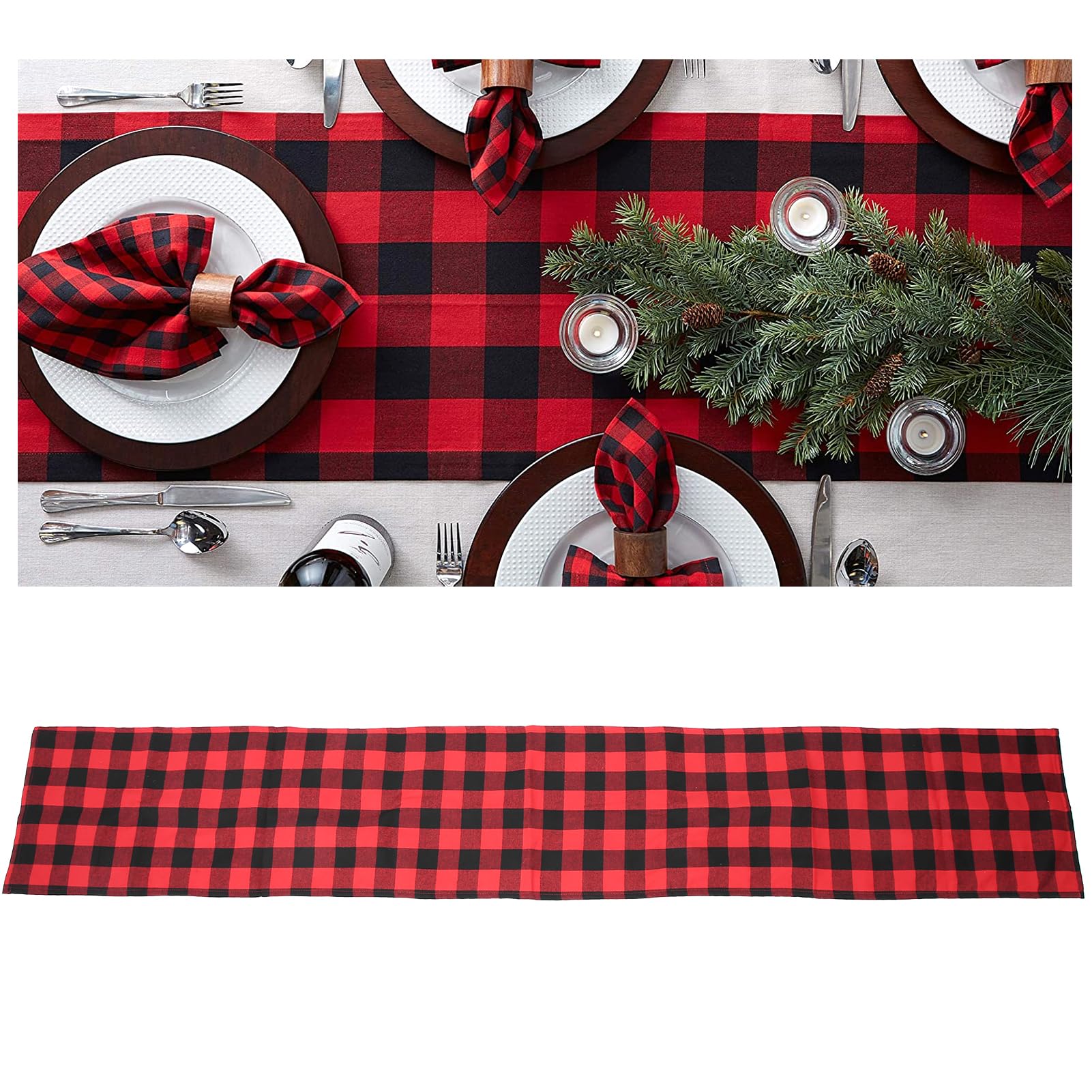 Runner Da Tavola Natalizio 210x35 Cm, Tessuto Quadretti Scozzesi Rosso E Nero – Decorazione Per Tavolo Pranzo, Natale E Capodanno