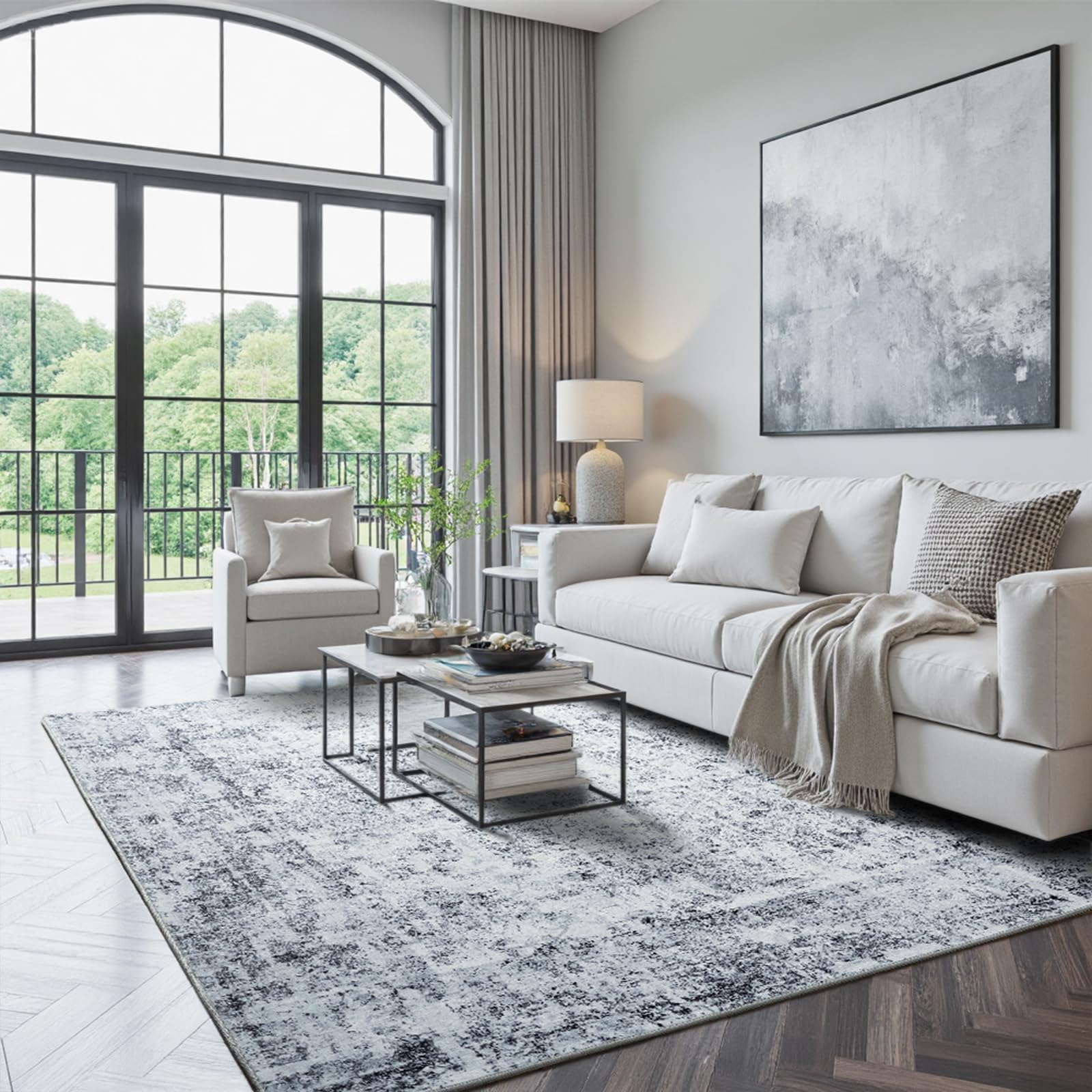 Tapis abstrait lavable antidérapant grand tapis gris 180x270 pour ferme et salon