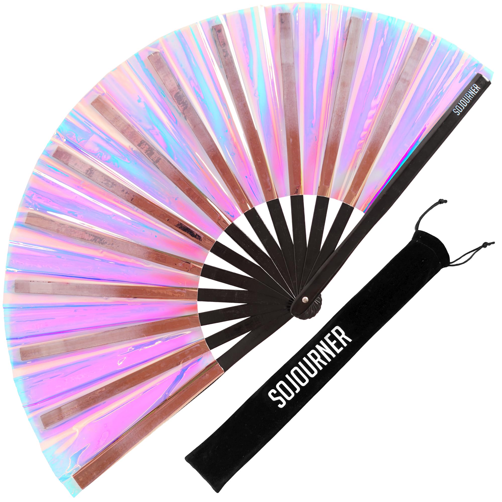 SoJourner Bags Rave Fan - Large Folding Fan - Clack Fan Hand Fan for Raves, Halloween, Burlesque, Rainbow Outfits for Women & Festival Accessories