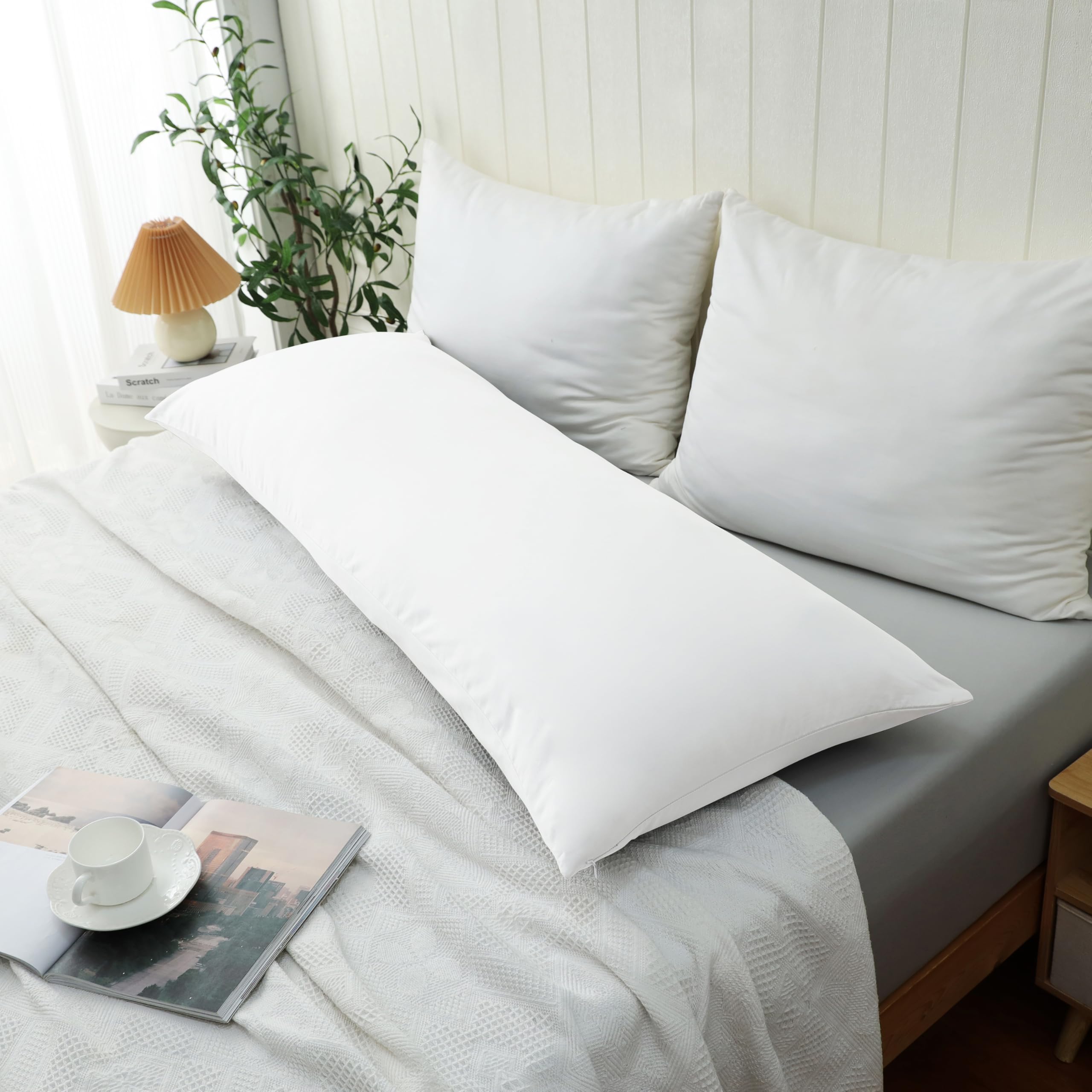 Protectores de almohada suaves 100 % algodón con cremallera invisible de 51 x 137 cm, fundas de almohada suaves de 600 hilos, color blanco, 1 paquete